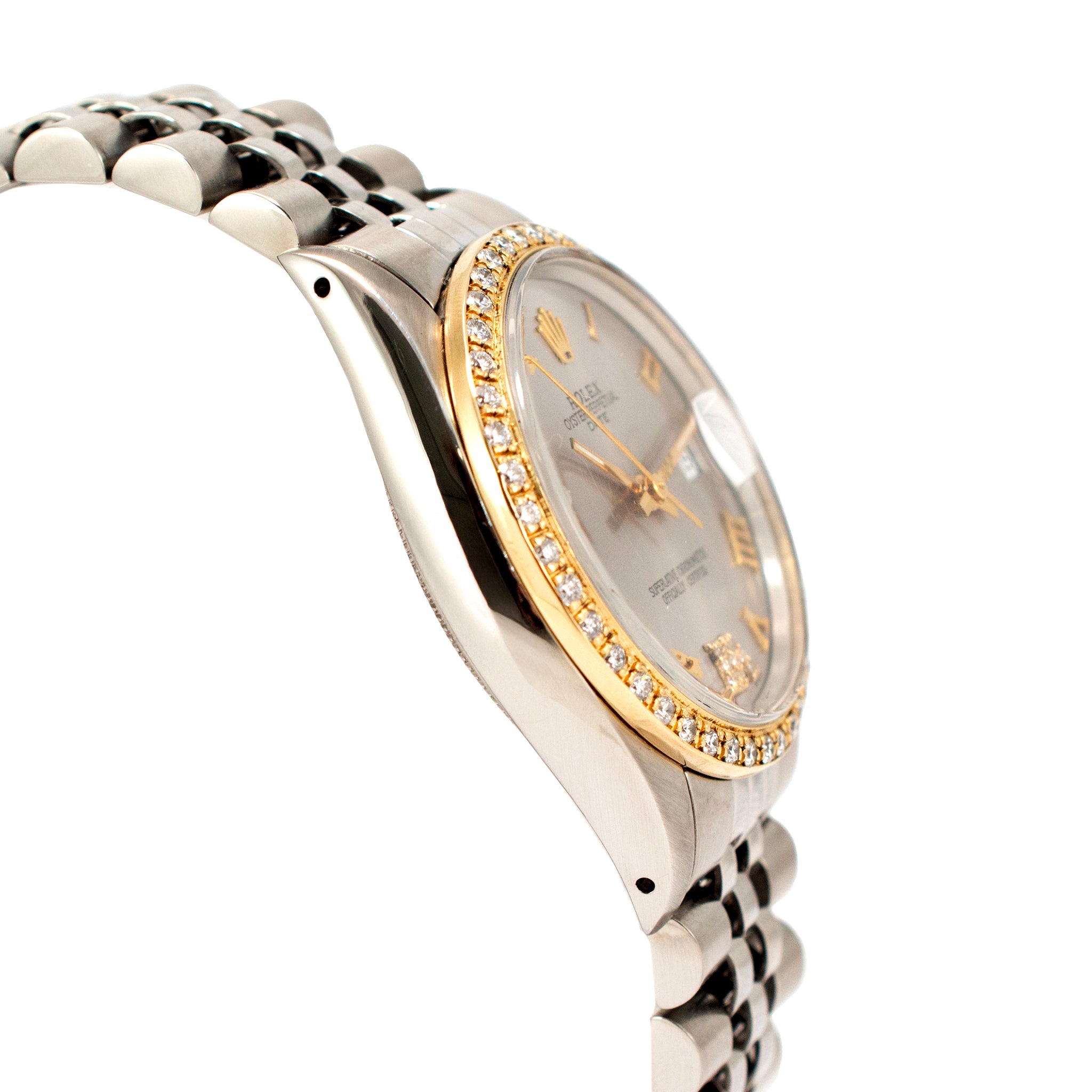 Rolex Oyster Perpetual Date 34MM 1501 Roman Diamond Jubilee Gold Steel Watch