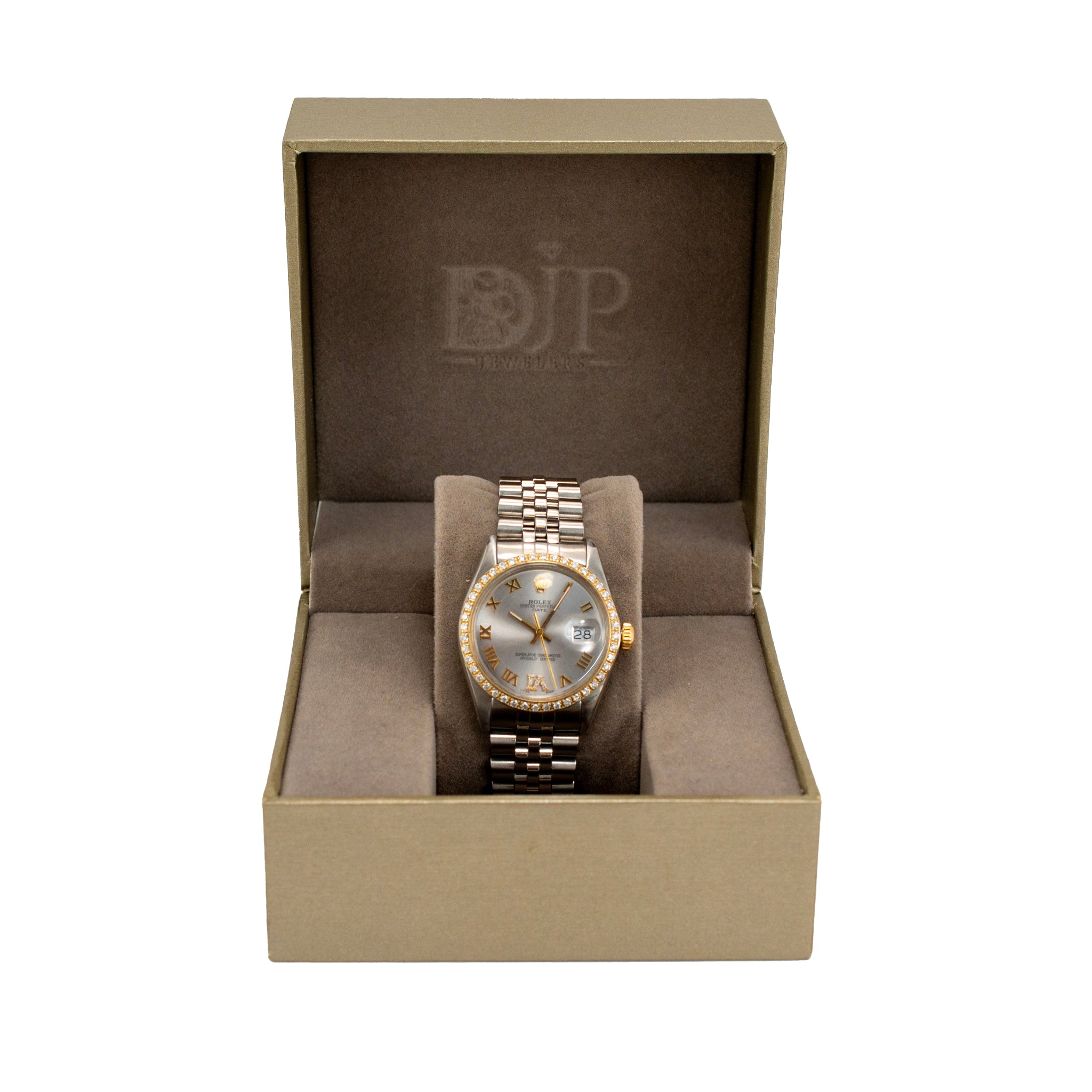 Rolex Oyster Perpetual Date 34MM 1501 Roman Diamond Jubilee Gold Steel Watch