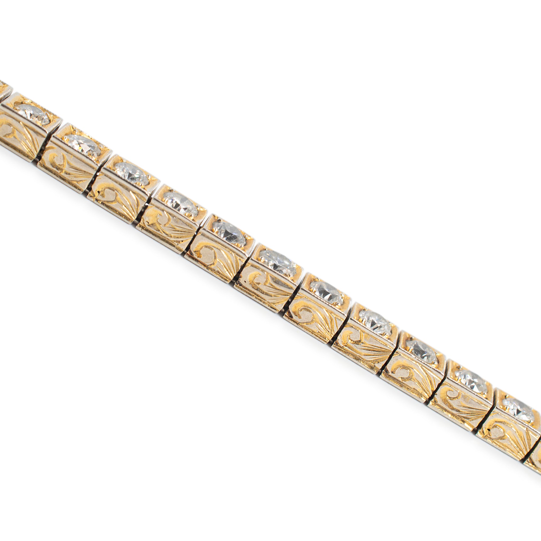 Antique 14K Yellow Gold Diamond Filigreed Square Link Tennis Bracelet