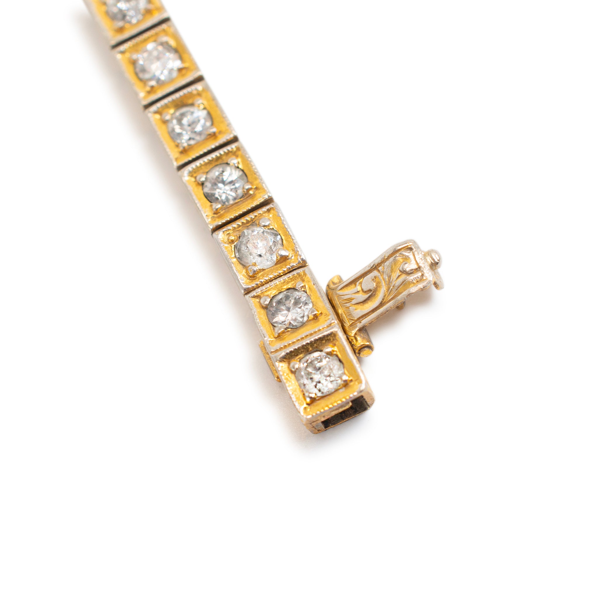 Antique 14K Yellow Gold Diamond Filigreed Square Link Tennis Bracelet