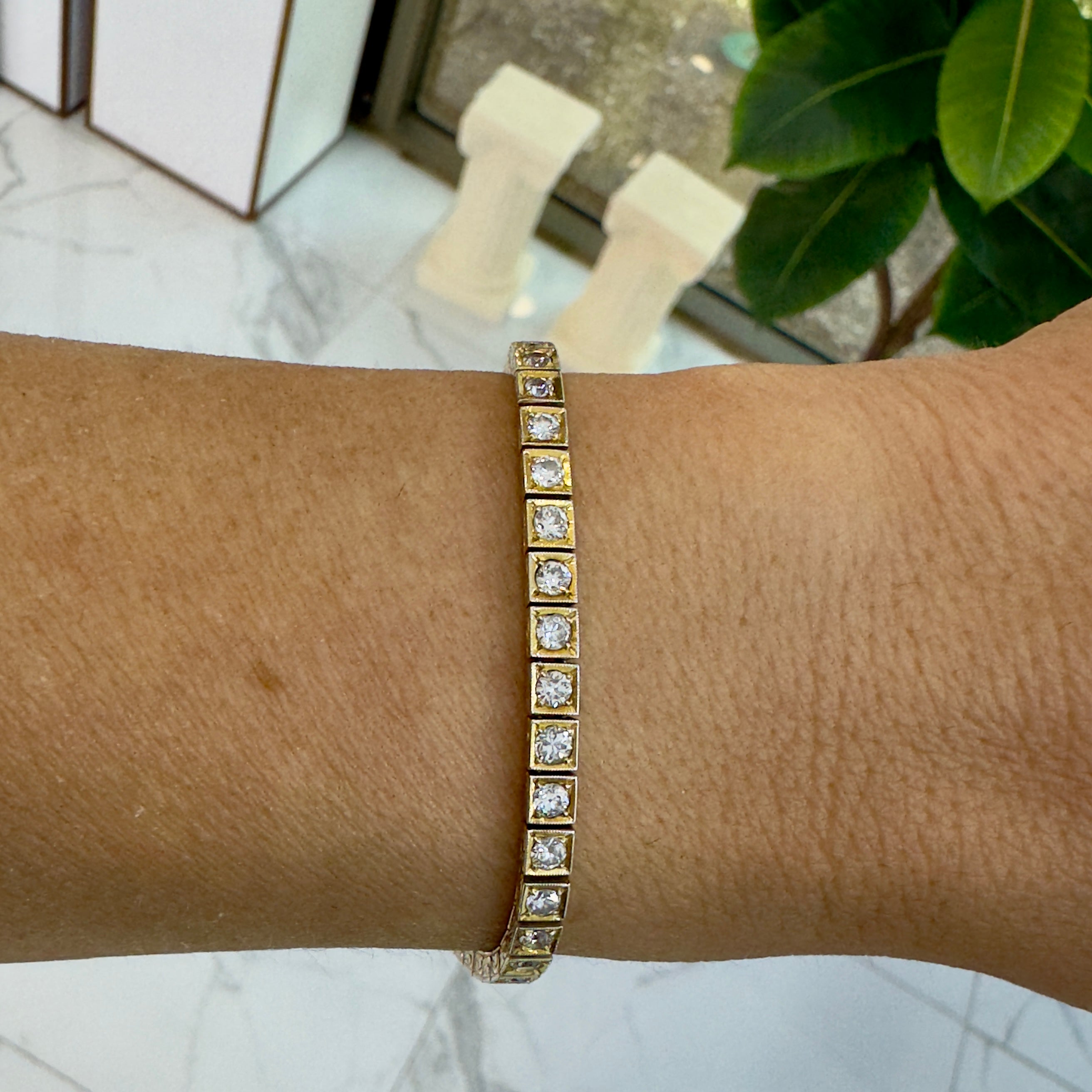 Antique 14K Yellow Gold Diamond Filigreed Square Link Tennis Bracelet