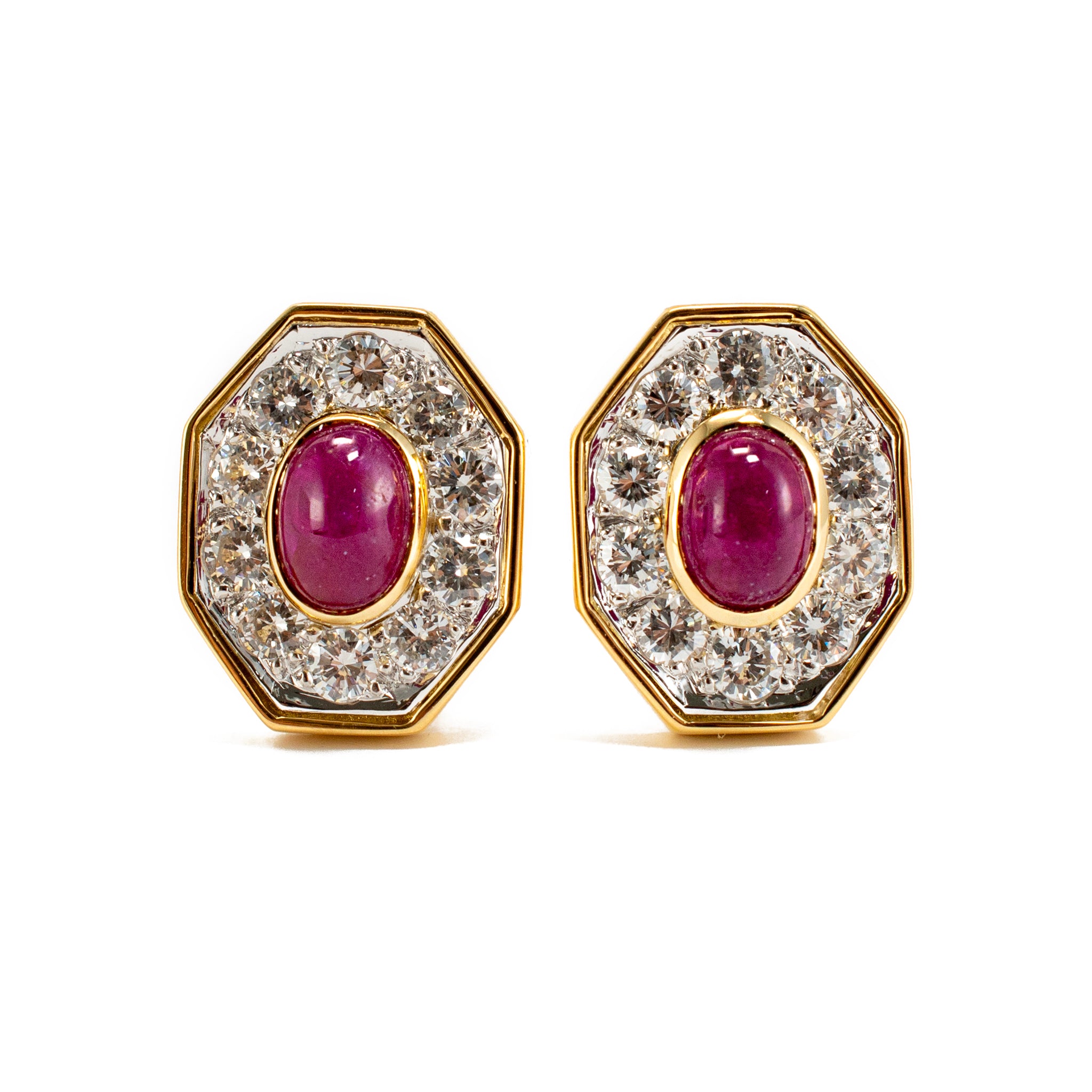 Vintage 18K Yellow Gold Cabochon Ruby Diamond Octagon Clip on Stud Earrings