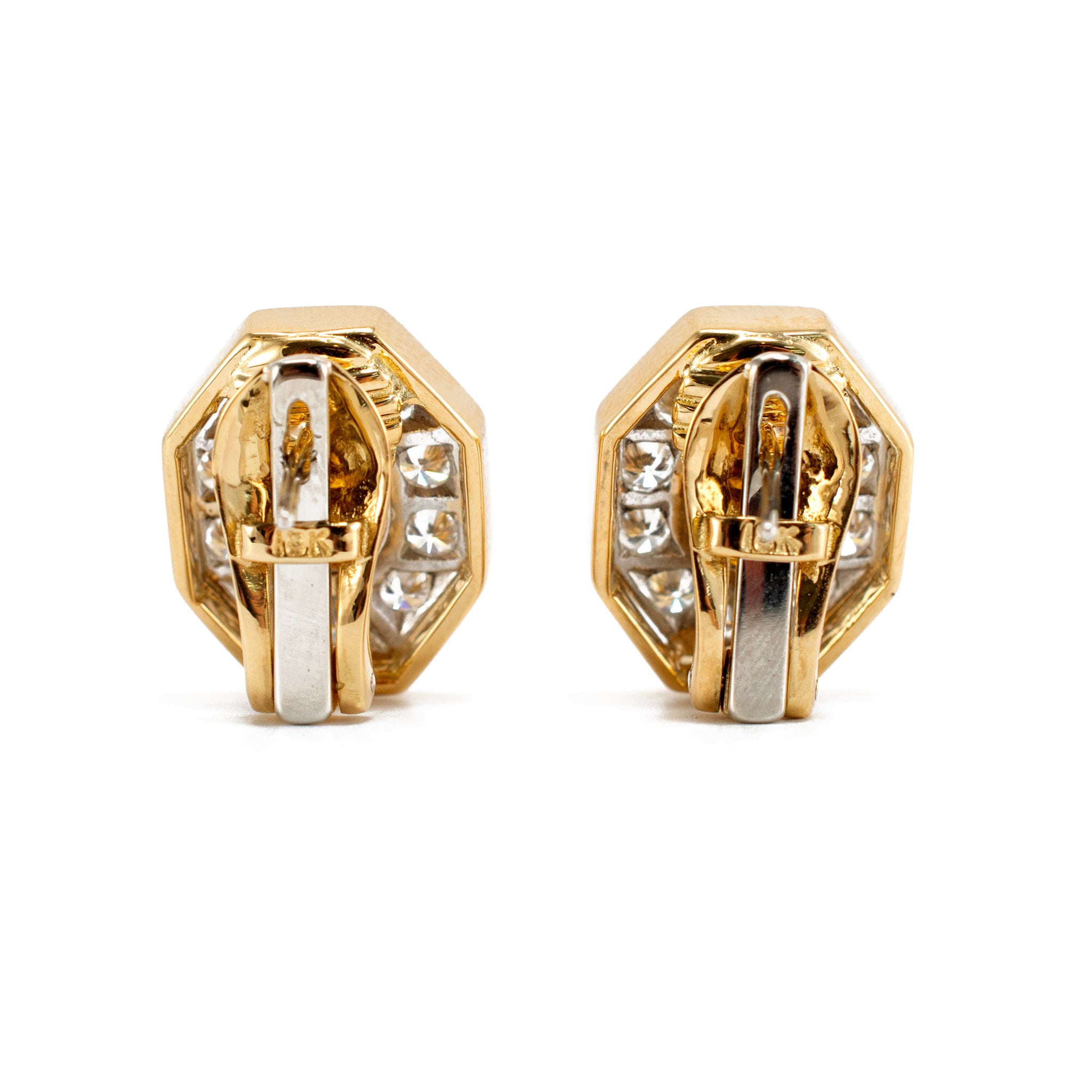 Vintage 18K Yellow Gold Cabochon Ruby Diamond Octagon Clip on Stud Earrings