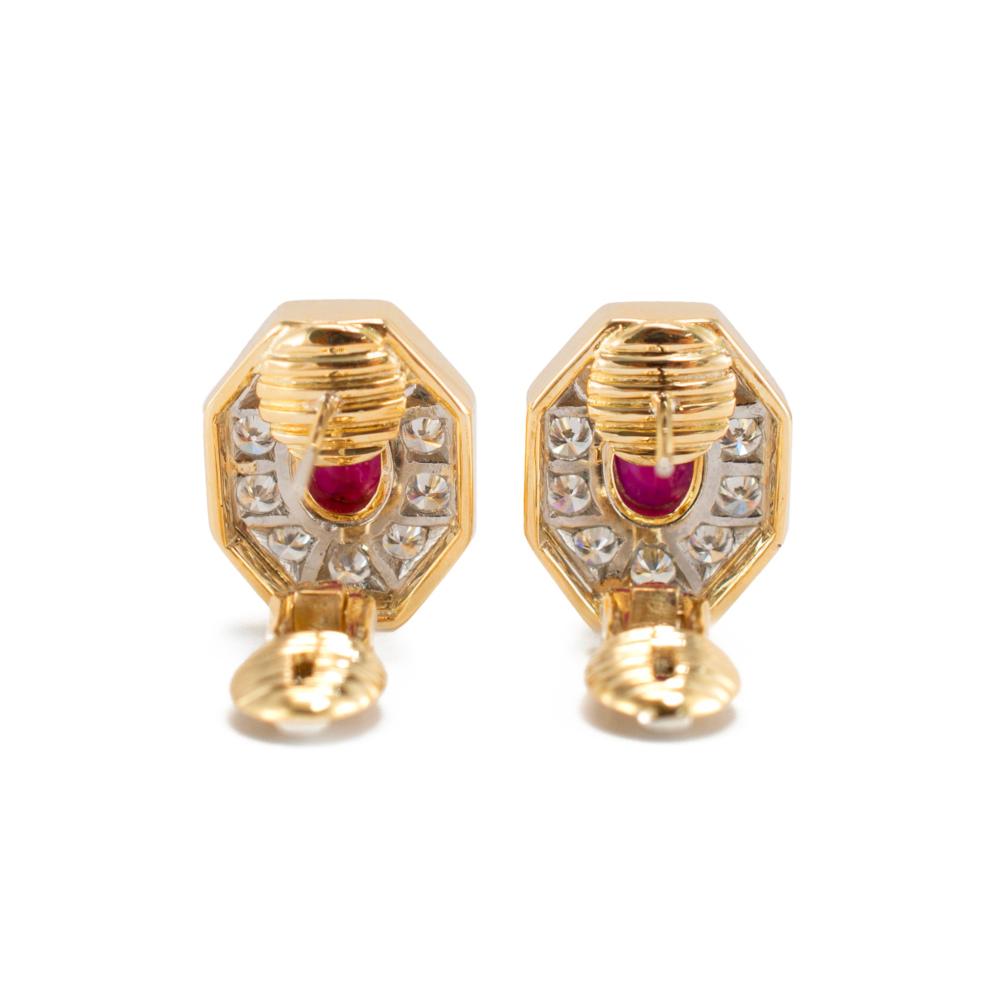 Vintage 18K Yellow Gold Cabochon Ruby Diamond Octagon Clip on Stud Earrings
