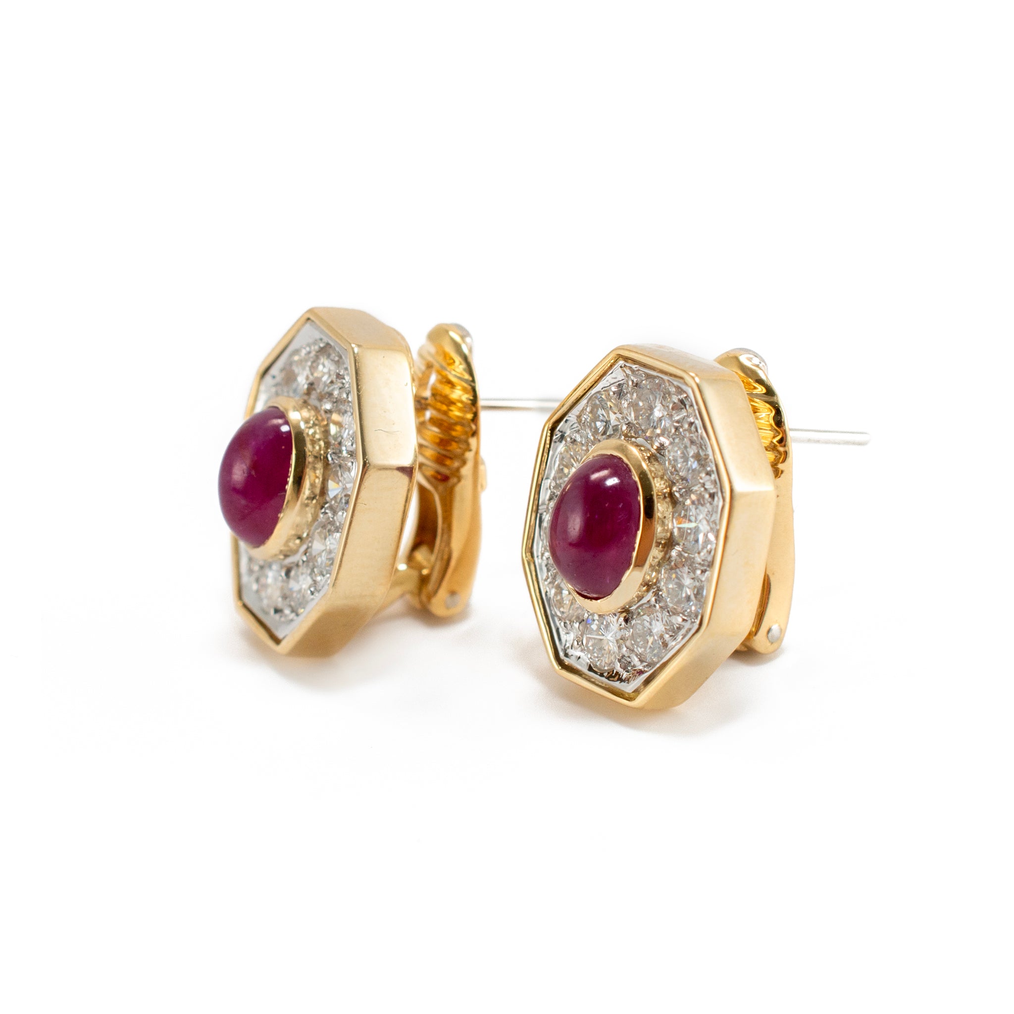 Vintage 18K Yellow Gold Cabochon Ruby Diamond Octagon Clip on Stud Earrings