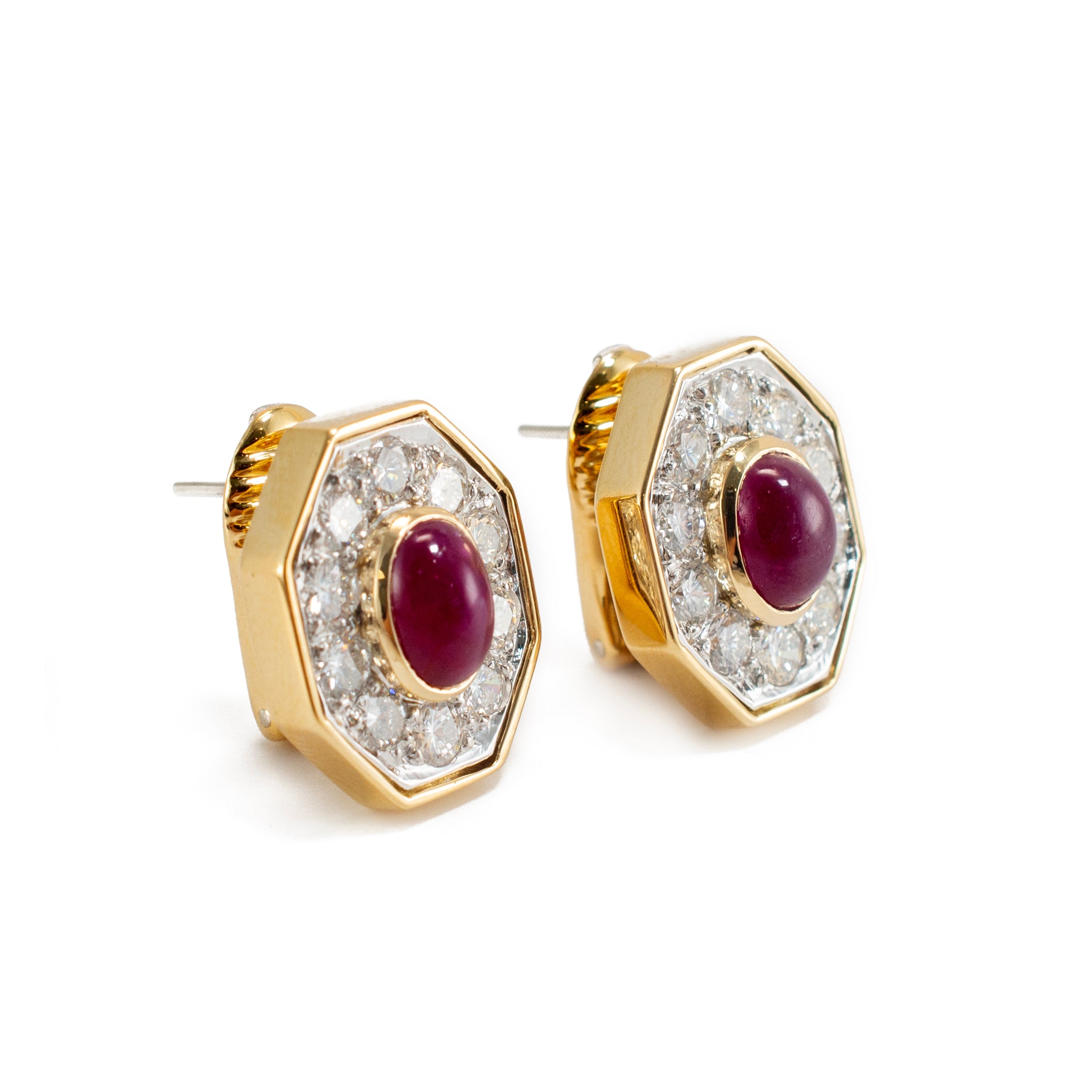 Vintage 18K Yellow Gold Cabochon Ruby Diamond Octagon Clip on Stud Earrings