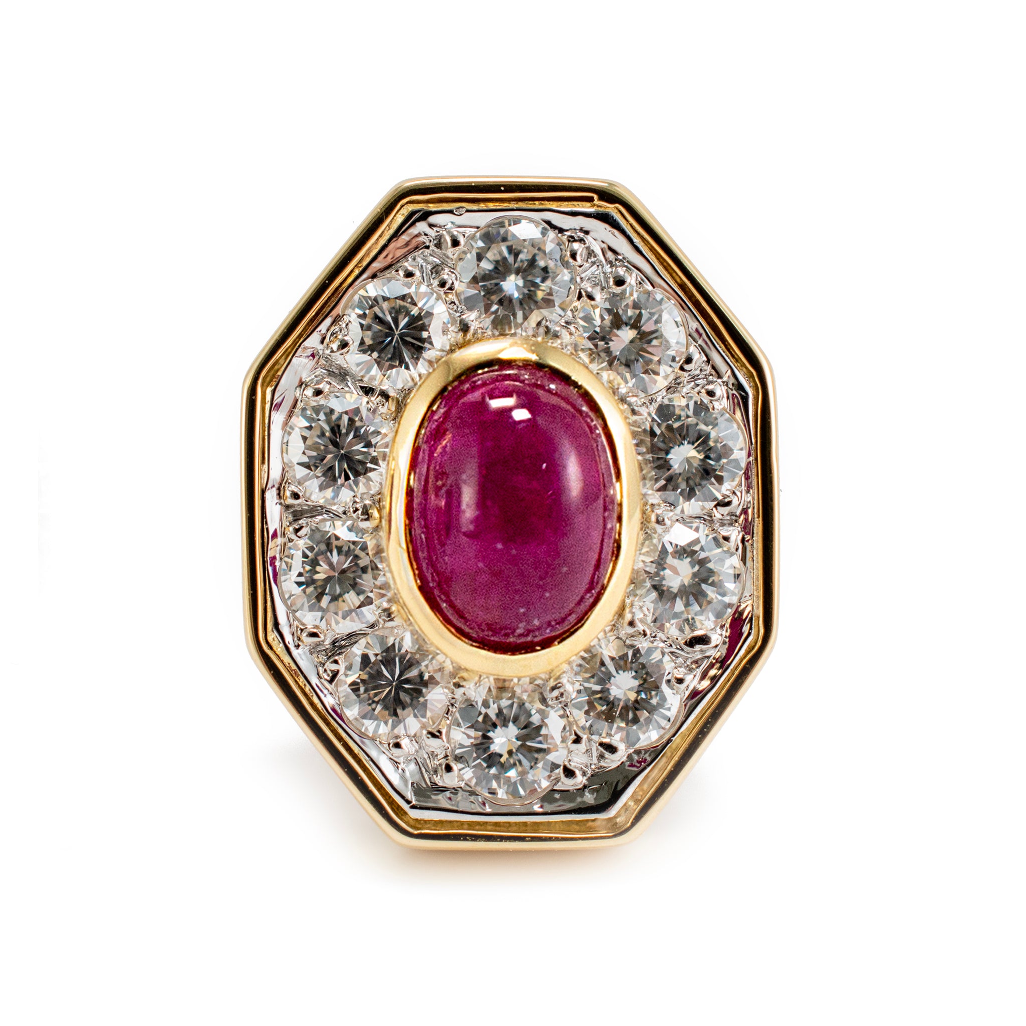 Vintage 18K Yellow Gold Cabochon Ruby Diamond Octagon Clip on Stud Earrings