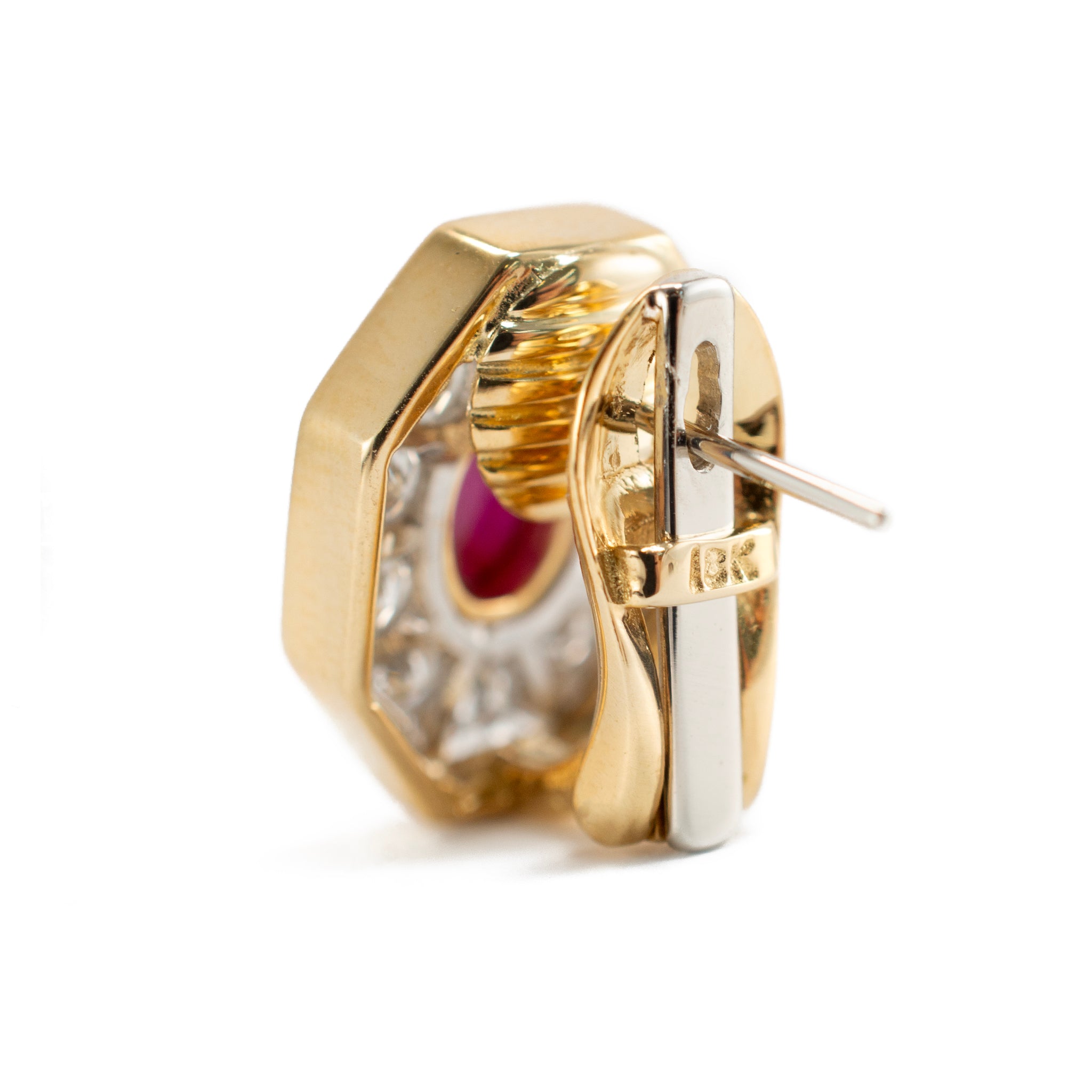 Vintage 18K Yellow Gold Cabochon Ruby Diamond Octagon Clip on Stud Earrings