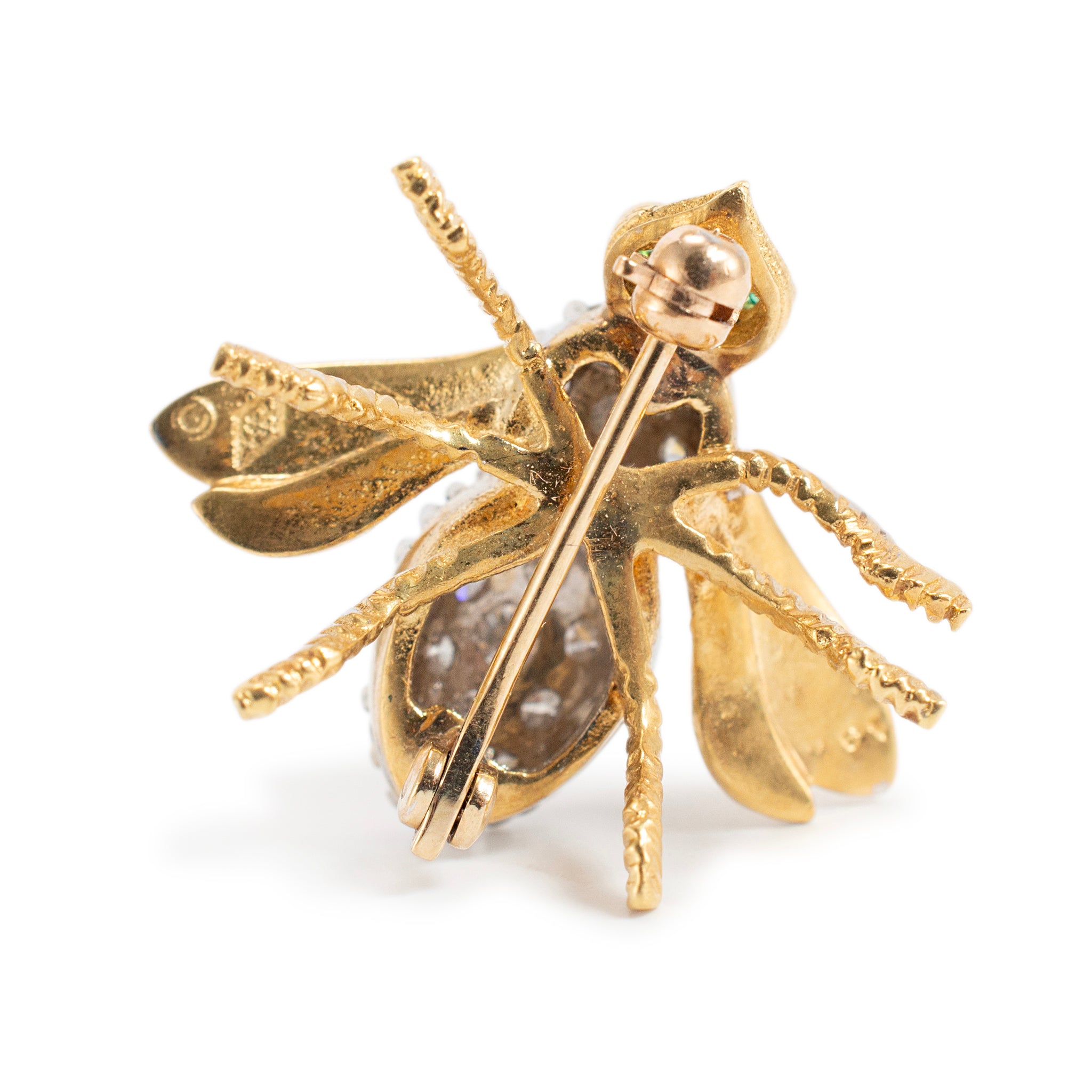 Vintage Herbert Rosenthal 18K Gold Diamond Emerald Eyes Bumble Bee PIN