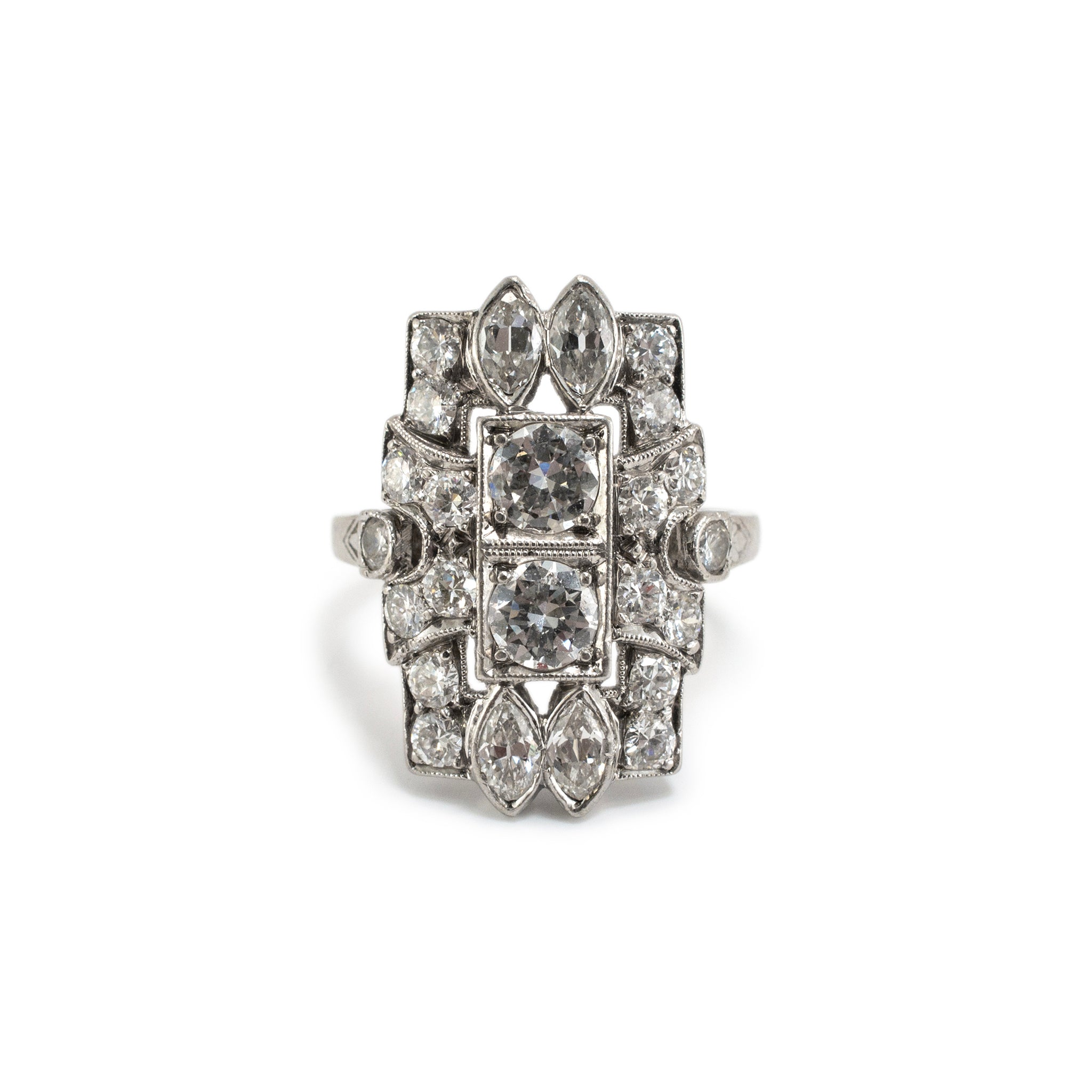 Antique Edwardian Filigreed Platinum Old European Marquee Diamond Cocktail Ring