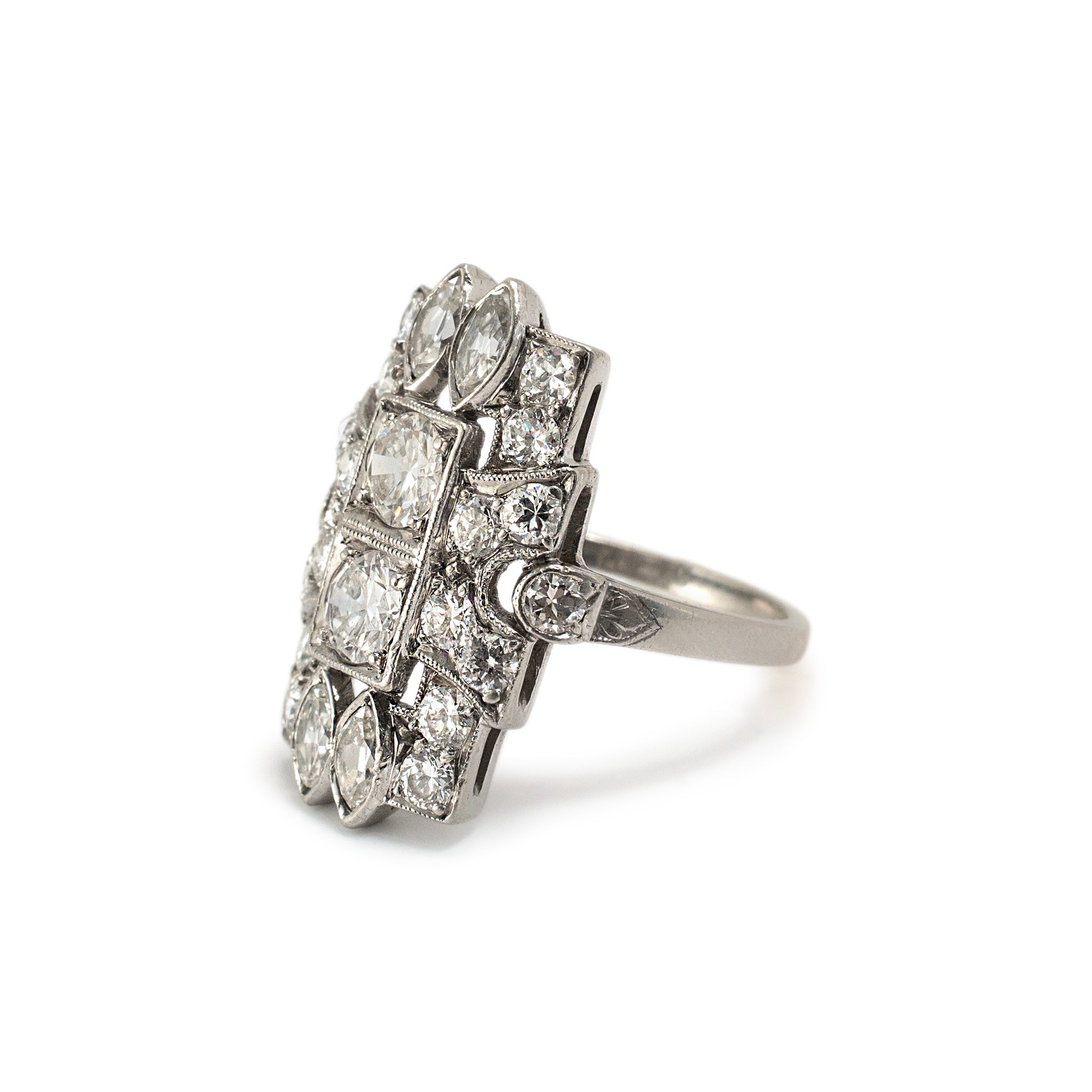 Antique Edwardian Filigreed Platinum Old European Marquee Diamond Cocktail Ring