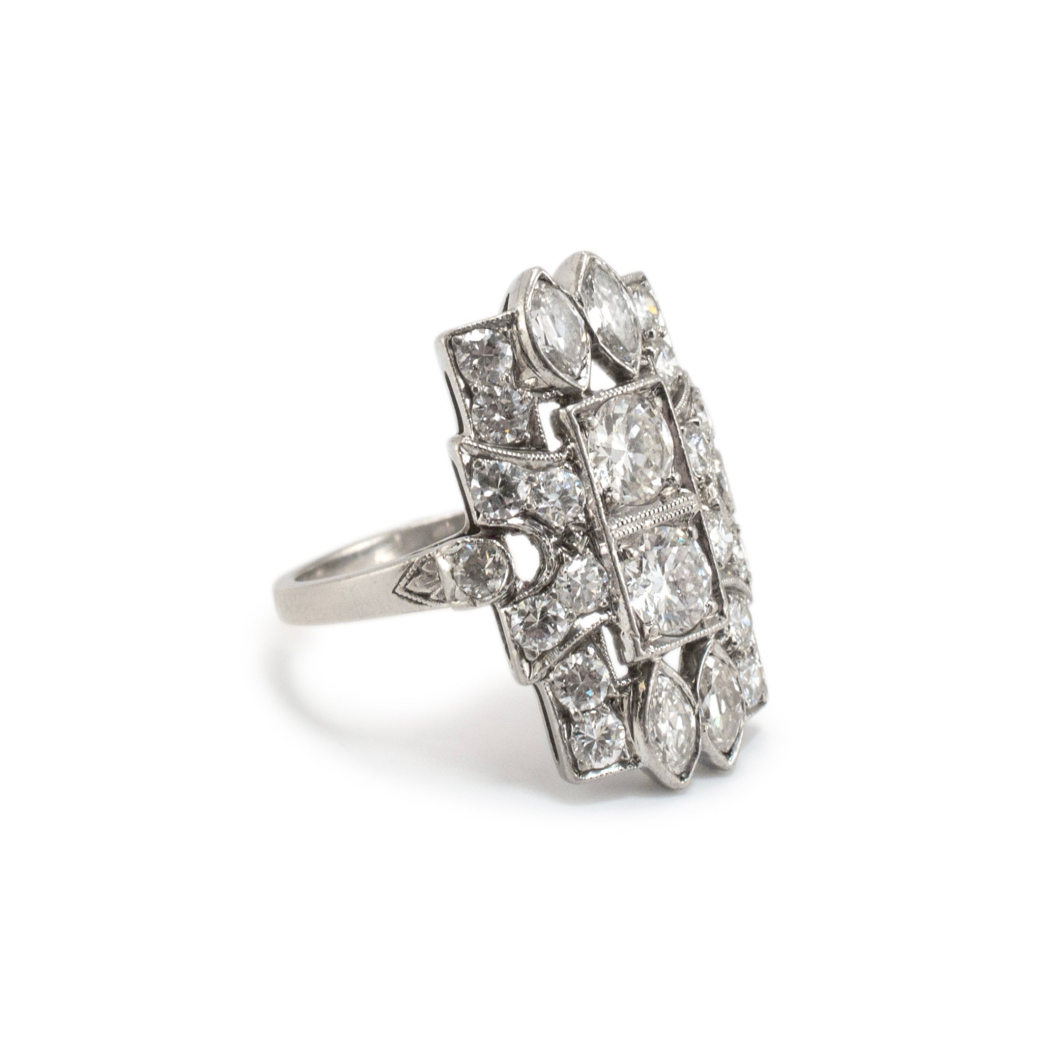 Antique Edwardian Filigreed Platinum Old European Marquee Diamond Cocktail Ring