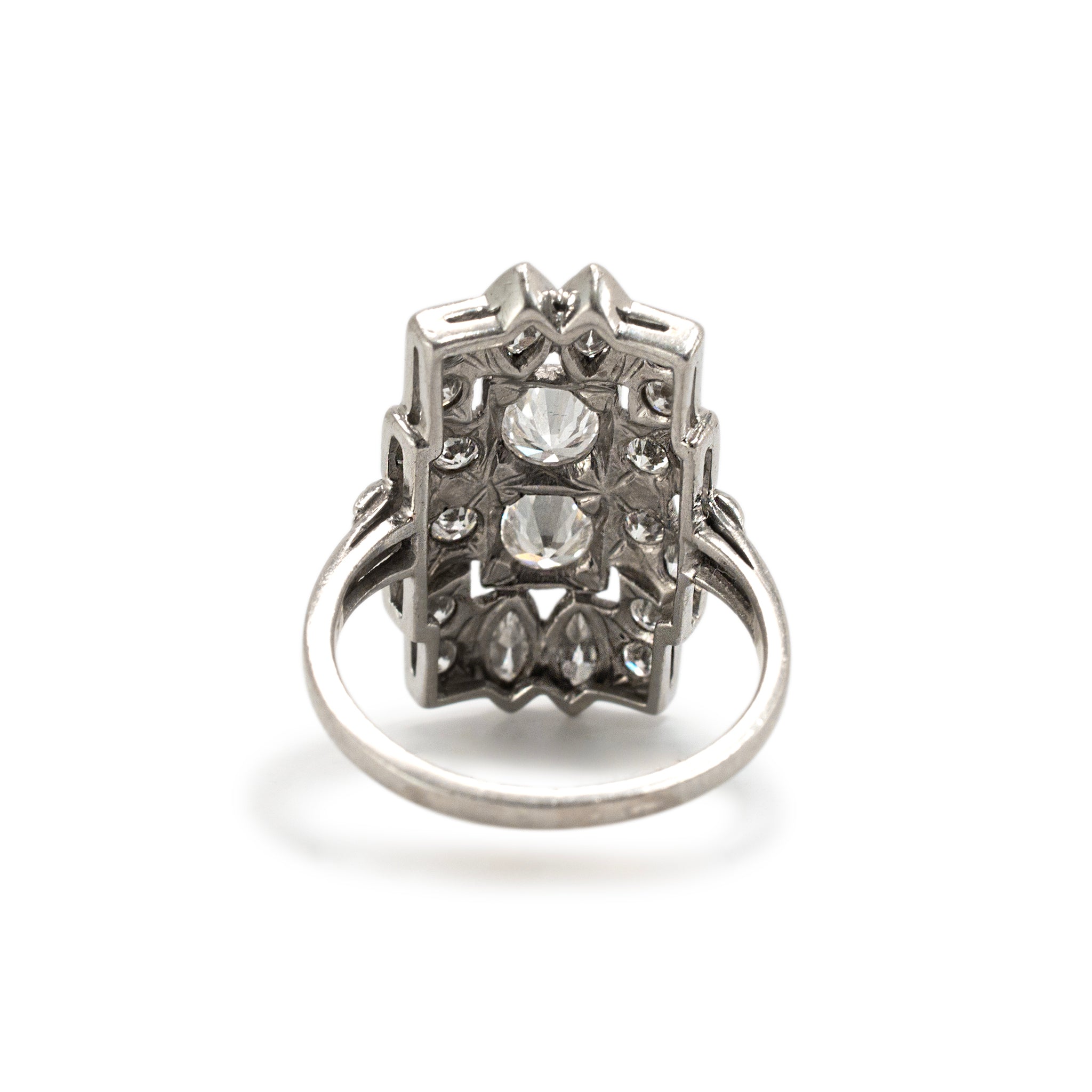 Antique Edwardian Filigreed Platinum Old European Marquee Diamond Cocktail Ring