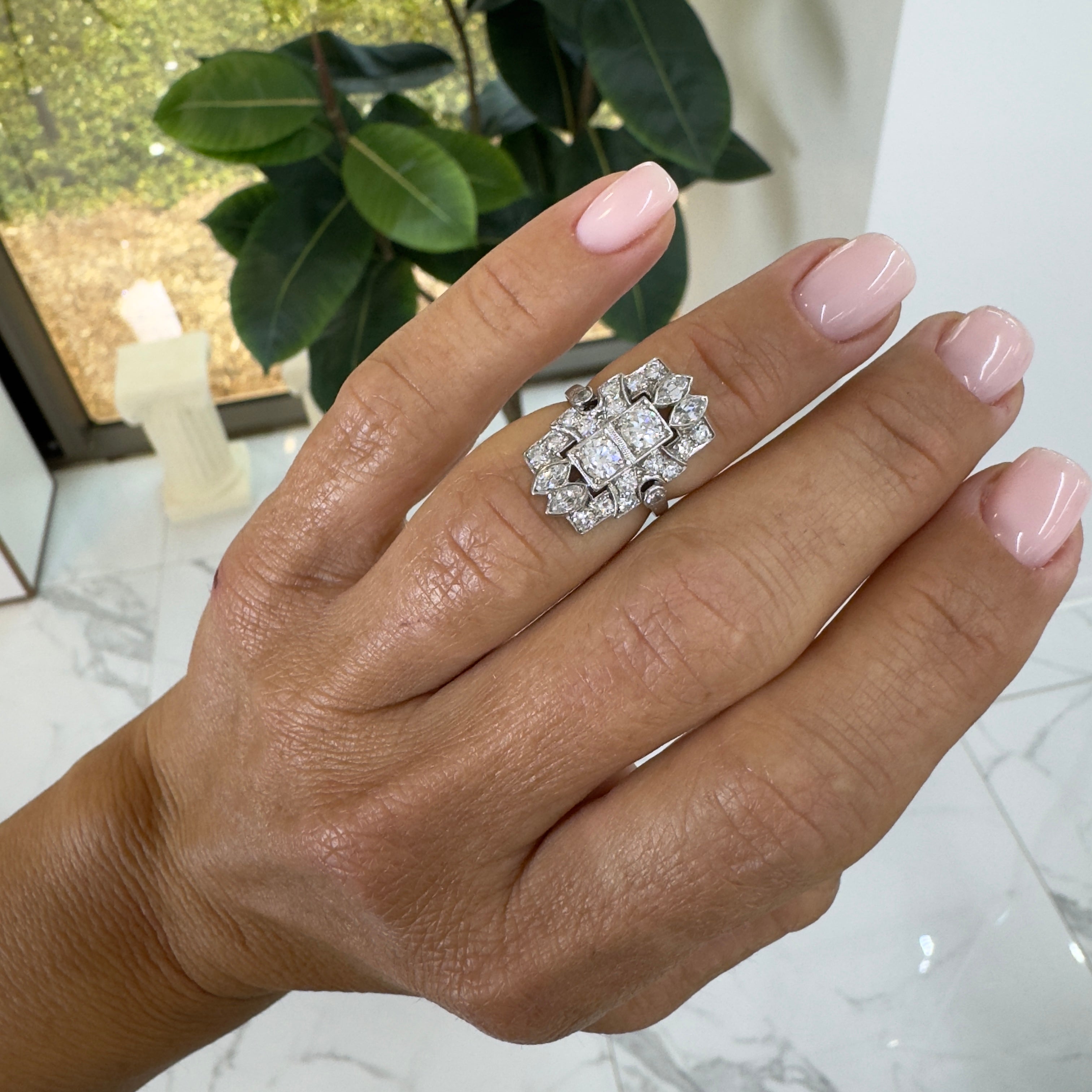 Antique Edwardian Filigreed Platinum Old European Marquee Diamond Cocktail Ring