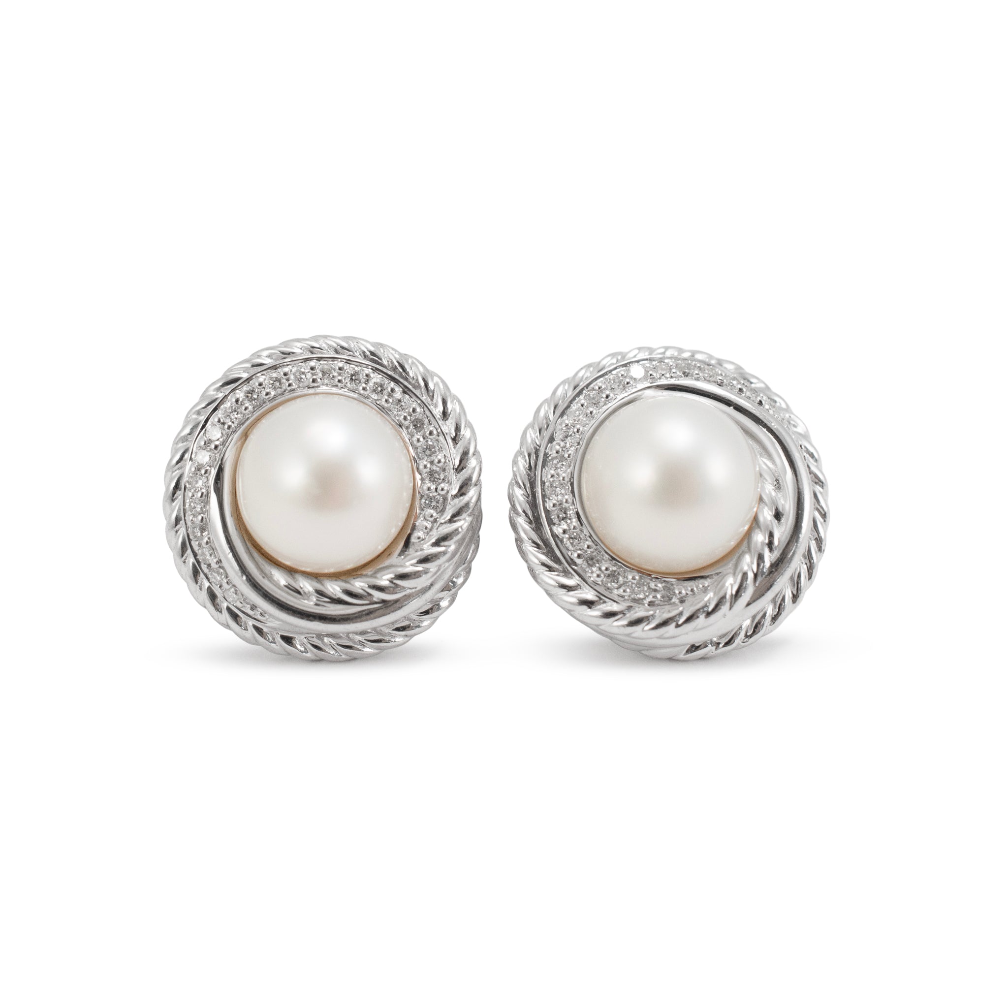 David Yurman 925 Sterling Silver Pearl Crossover Diamonds Stud Earrings