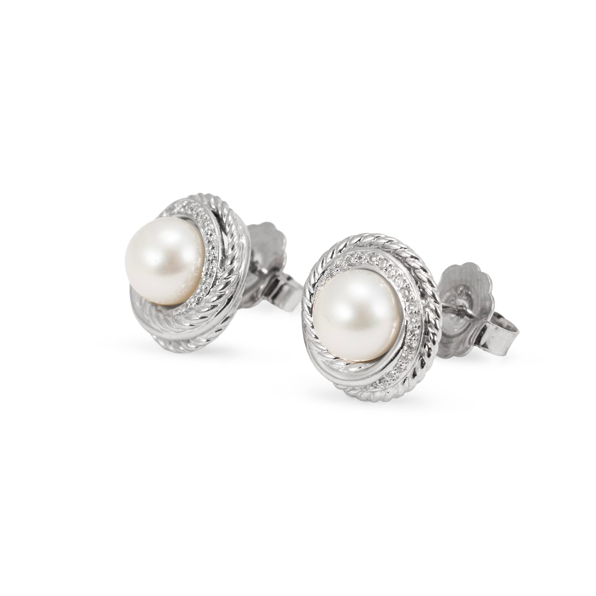 David Yurman 925 Sterling Silver Pearl Crossover Diamonds Stud Earrings