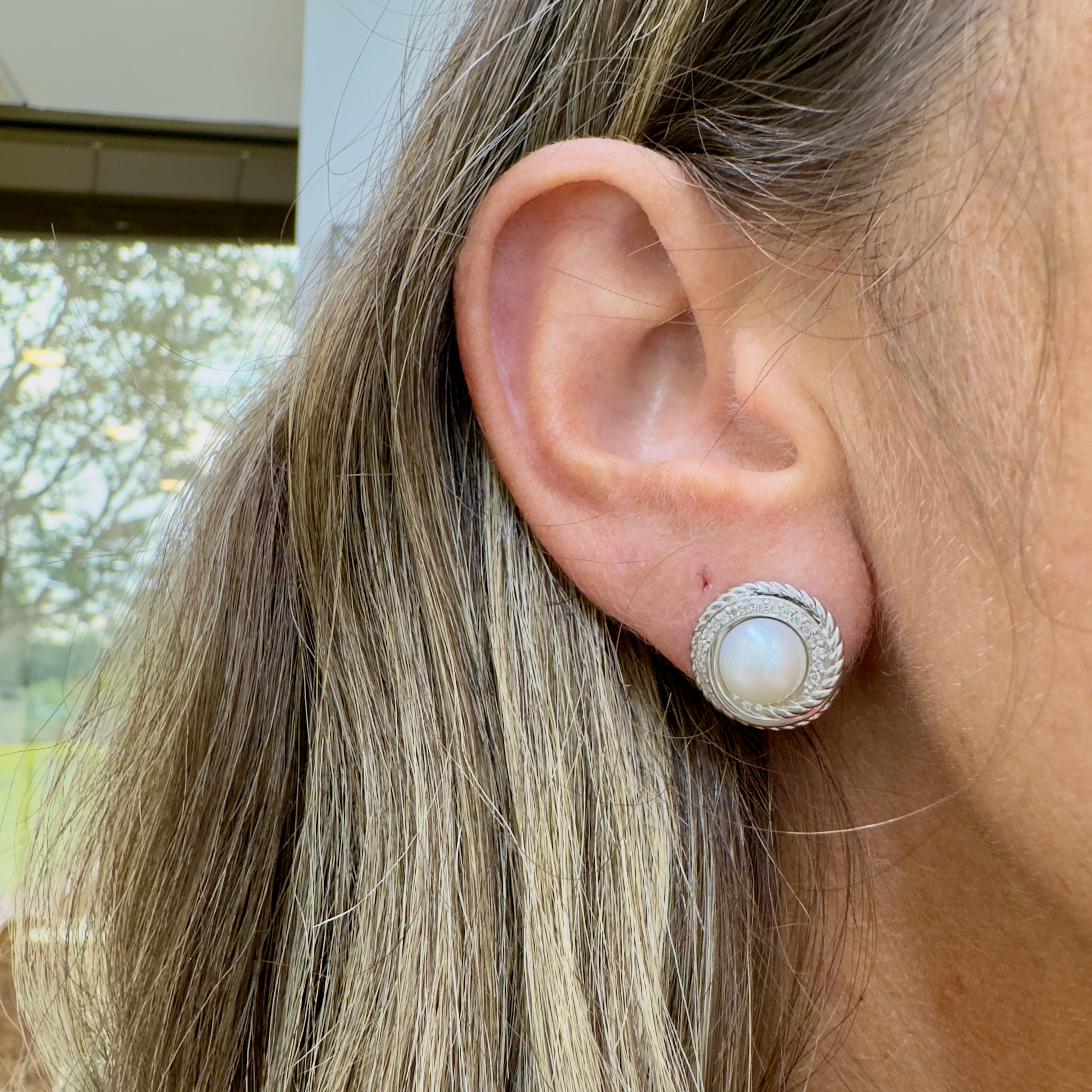 David Yurman 925 Sterling Silver Pearl Crossover Diamonds Stud Earrings