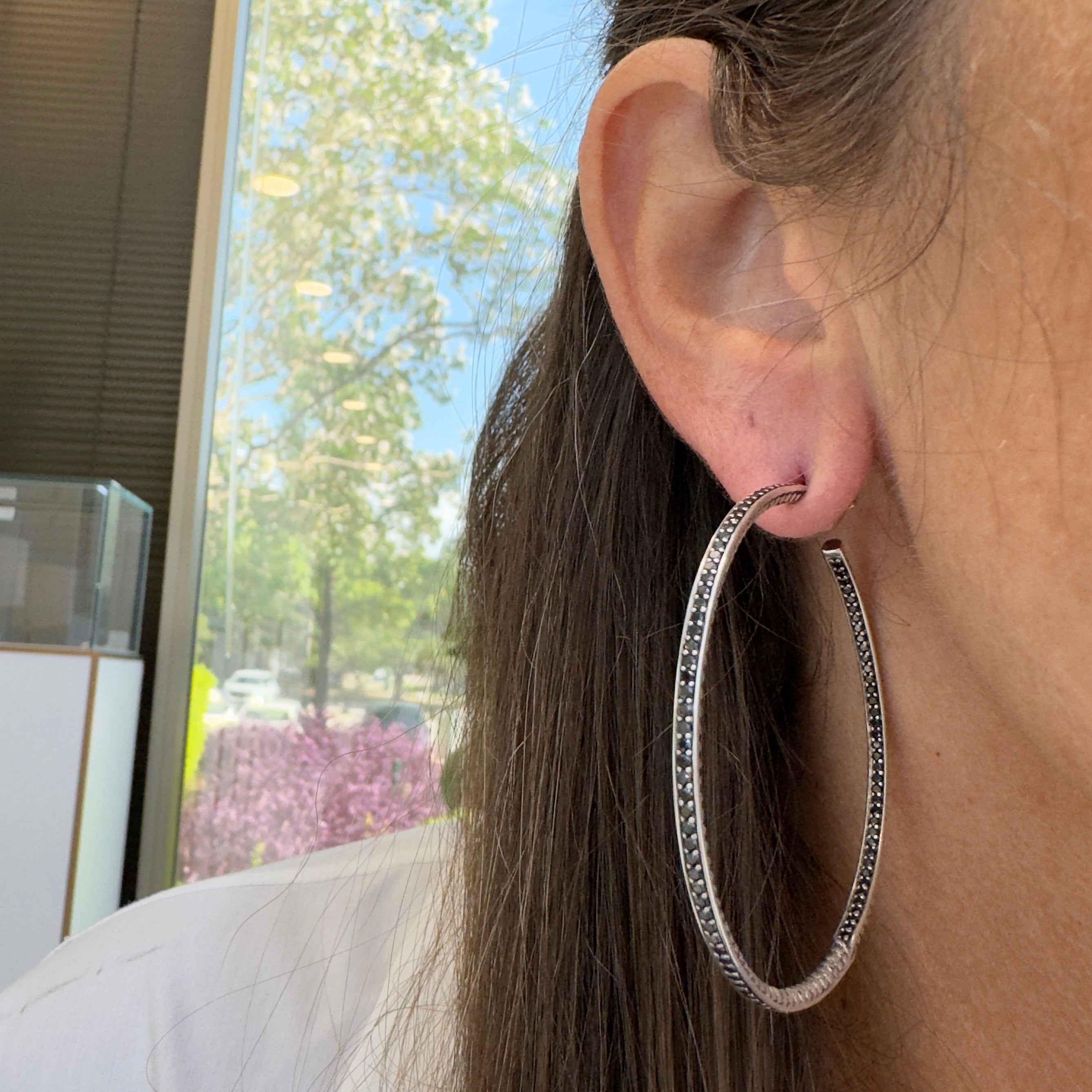 David Yurman 925 Silver Large 2.10ctw Diamond Inside-Out Cable Hoop Earrings