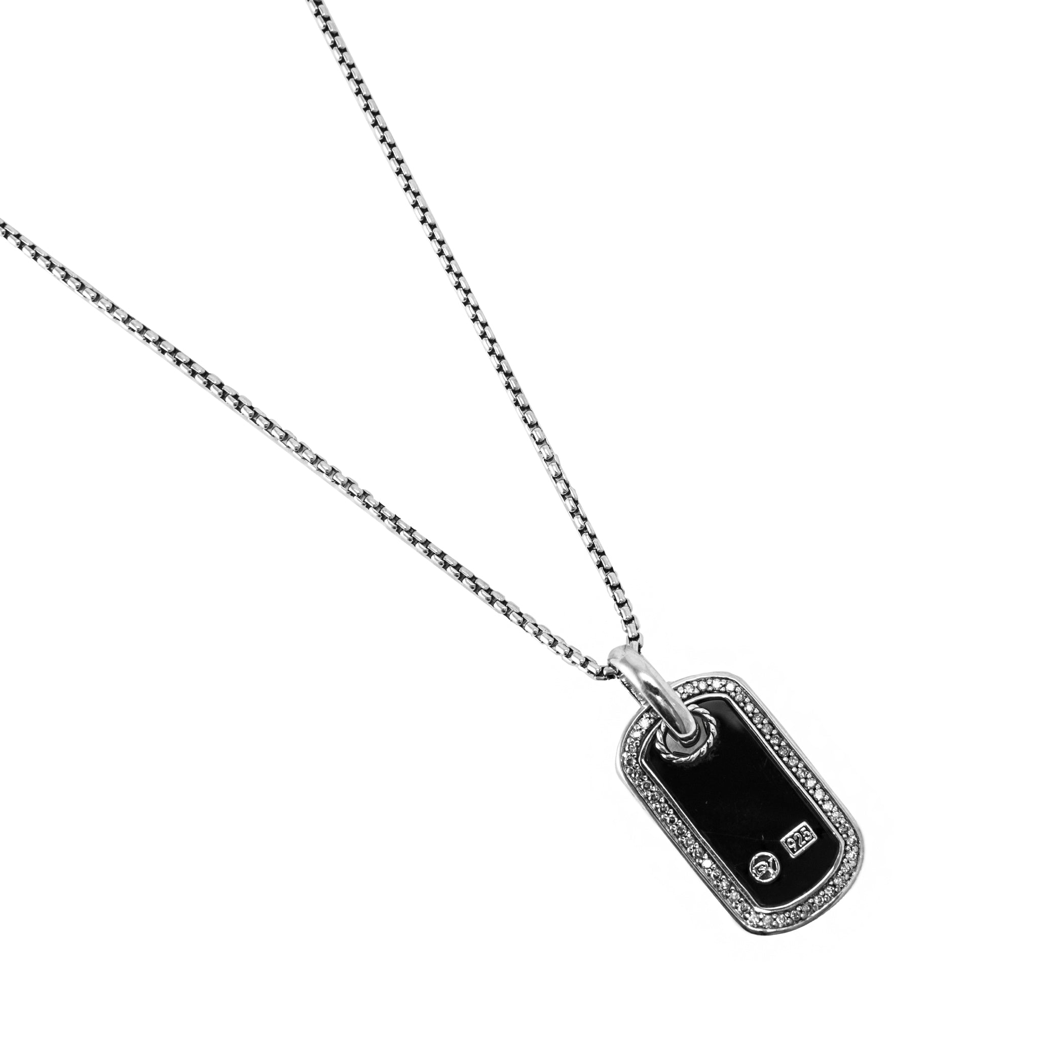David Yurman 925 Sterling Silver Black Onyx Diamond Dog Tag Pendant Necklace