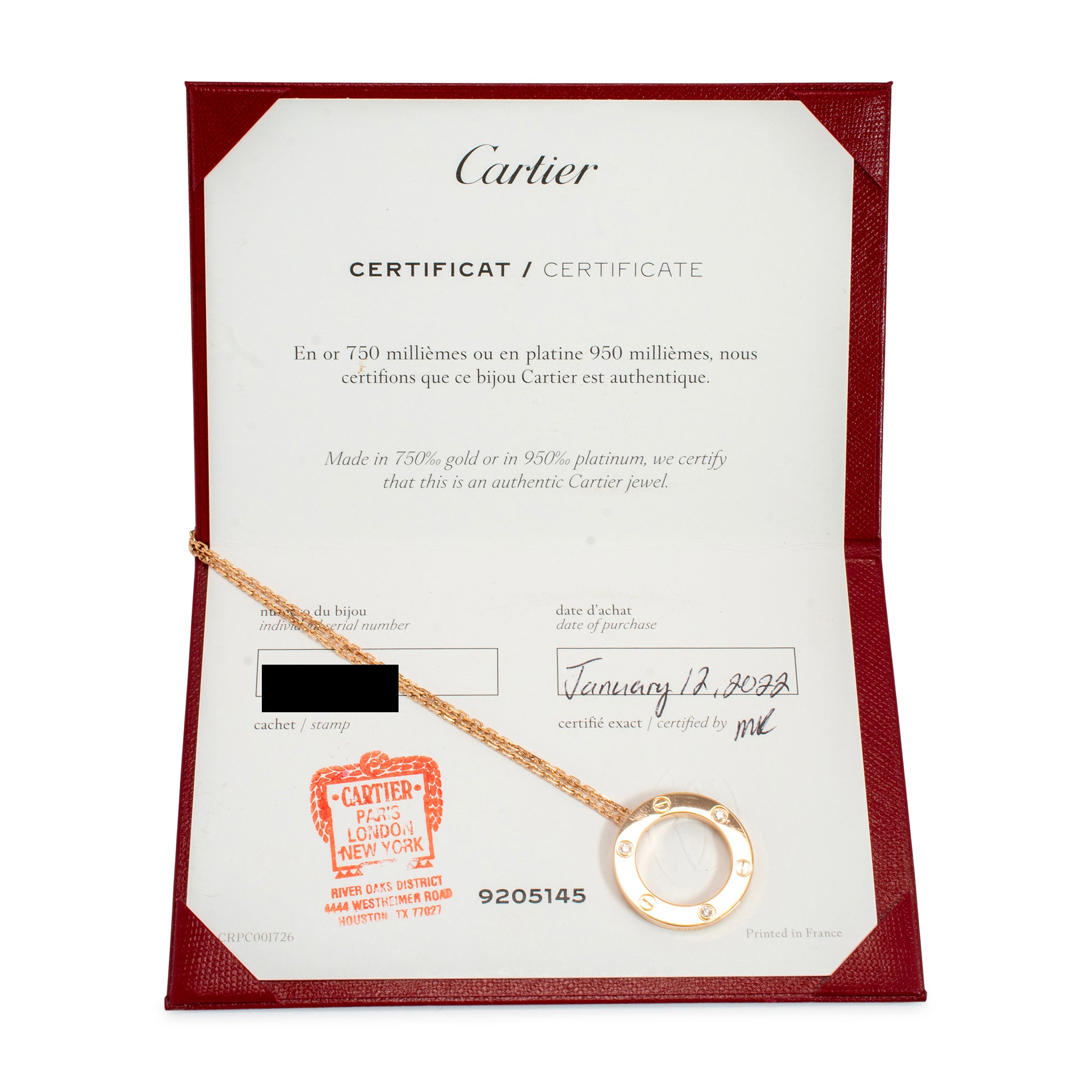 Cartier 18K Rose Gold Love Pendant 3 Diamonds Necklace