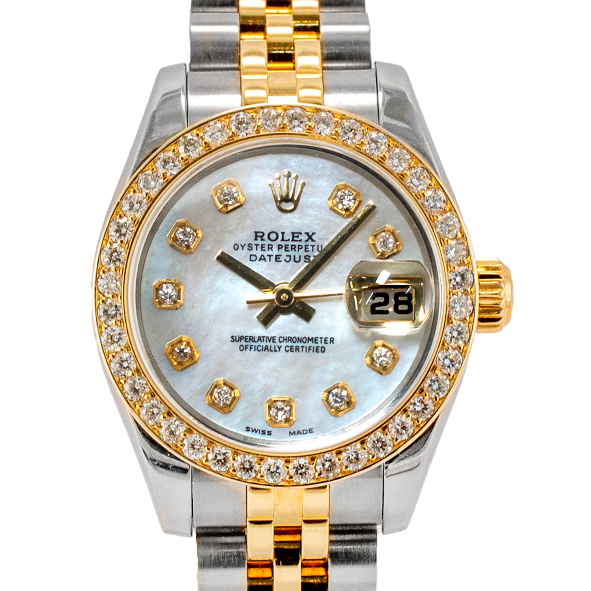 Rolex Lady Datejust 26MM 179173 Mop Diamond Bezel Jubilee Gold Steel Watch