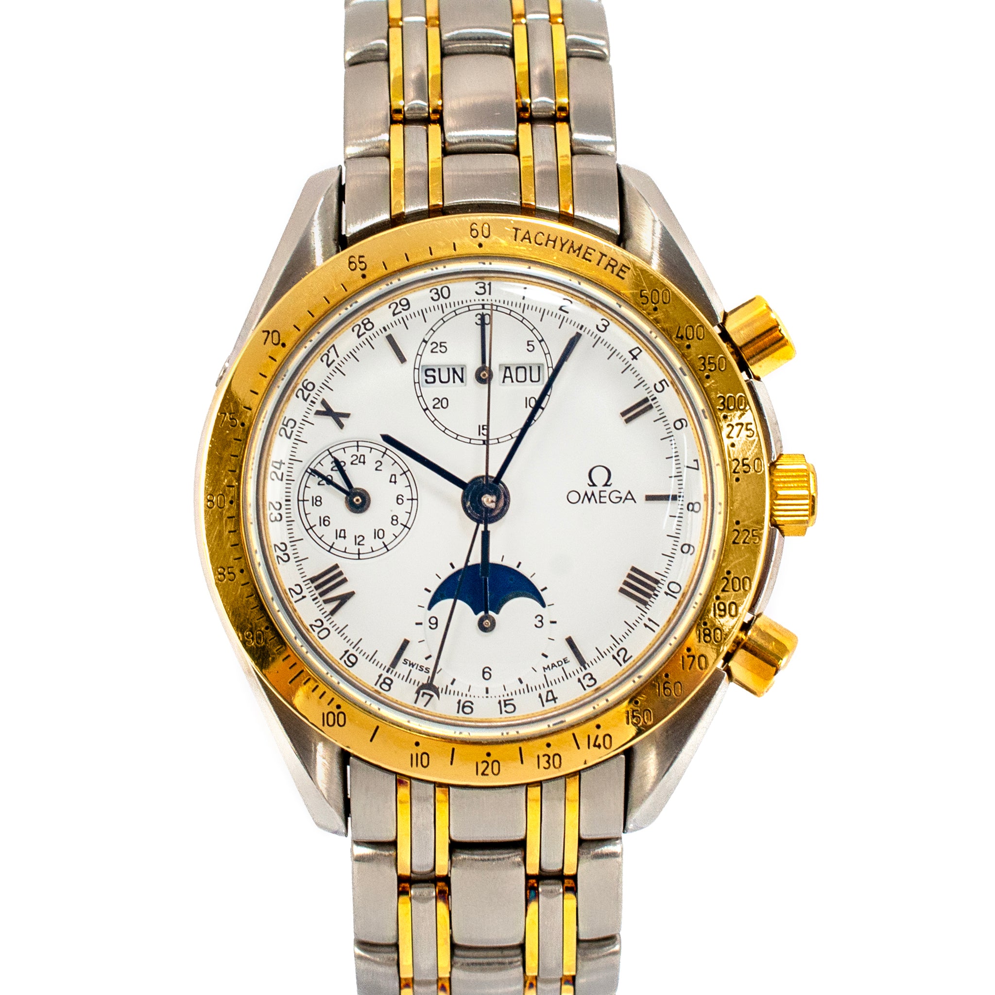 Vintage Omega Speedmaster Moonphase 39MM 175.0034 White Roman Steel Gold Watch