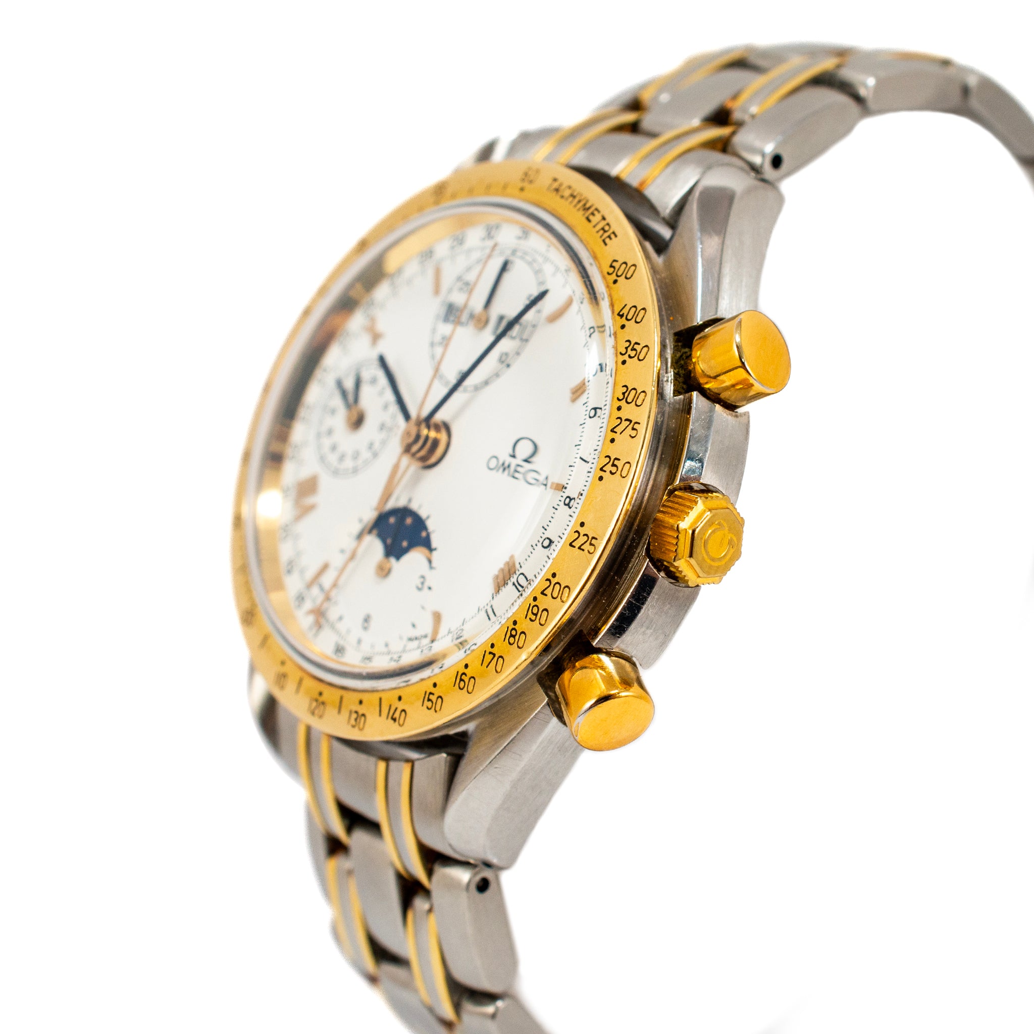Vintage Omega Speedmaster Moonphase 39MM 175.0034 White Roman Steel Gold Watch