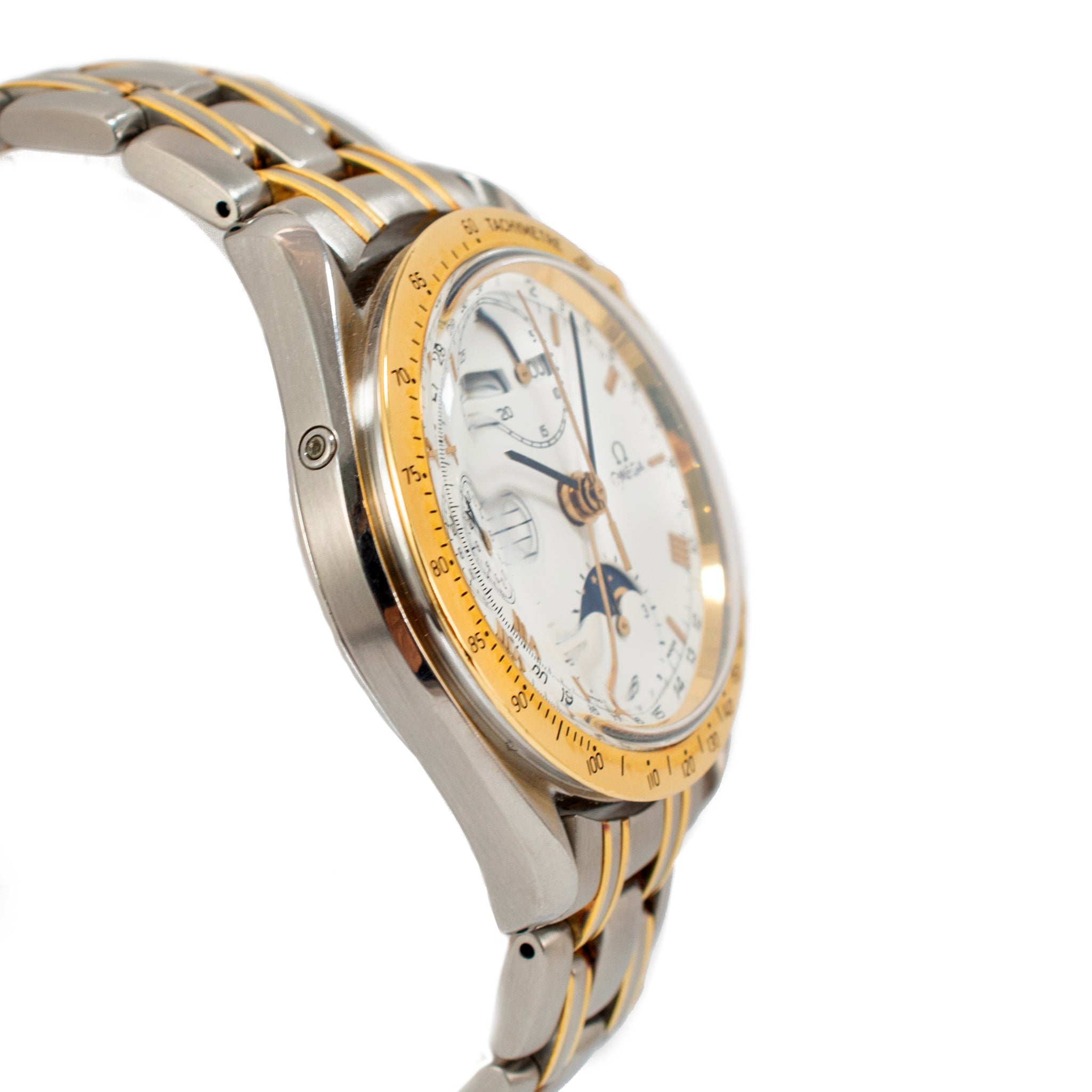 Vintage Omega Speedmaster Moonphase 39MM 175.0034 White Roman Steel Gold Watch