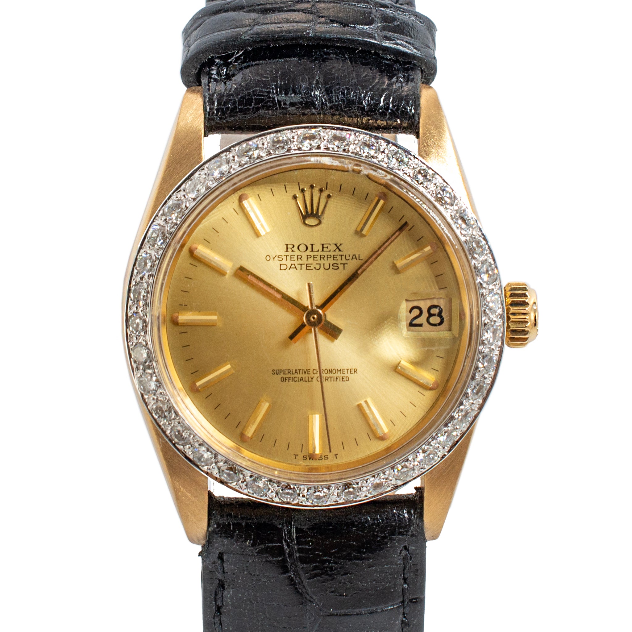 1981 Rolex Datejust 31MM 6827 Mid Size 18K Yellow Gold Diamond Bezel Watch