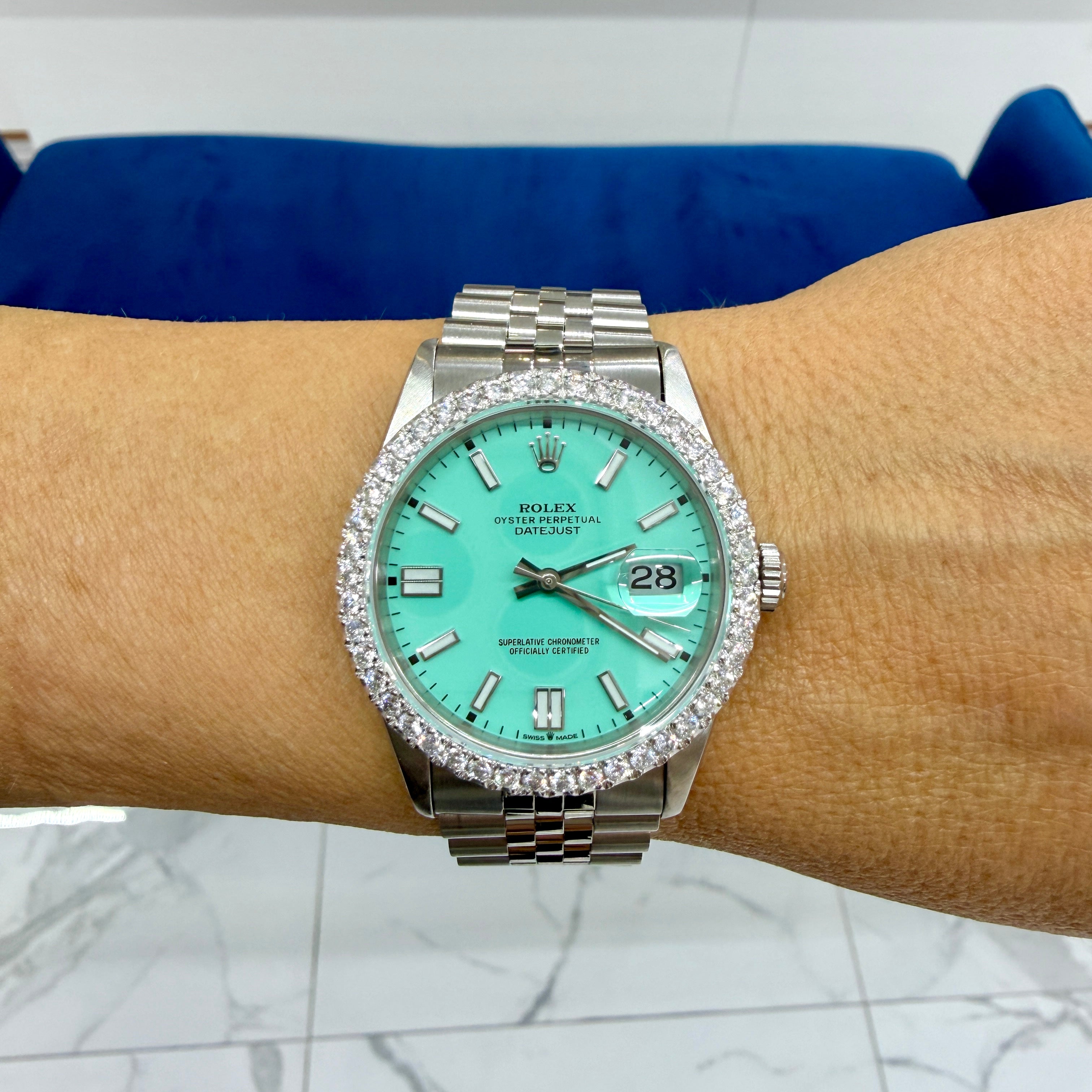 Ladies Rolex Datejust 36MM 16233 Turquise Blue Dial Diamond Bezel Steel Watch