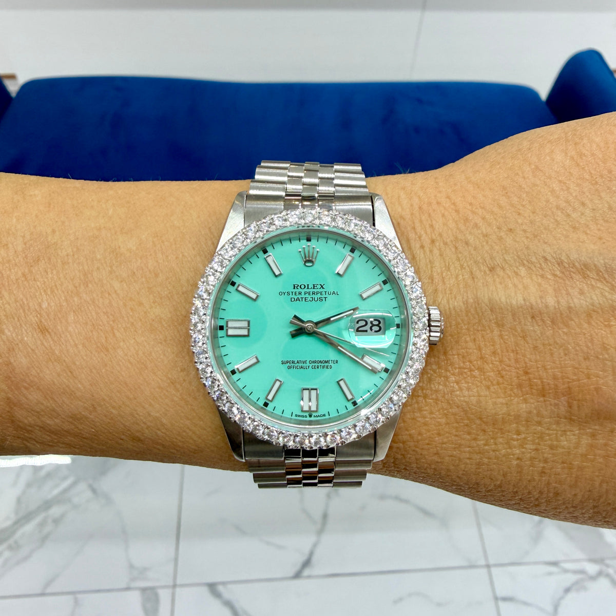 Ladies Rolex Datejust 36MM 16233 Turquise Blue Dial Diamond Bezel Steel Watch