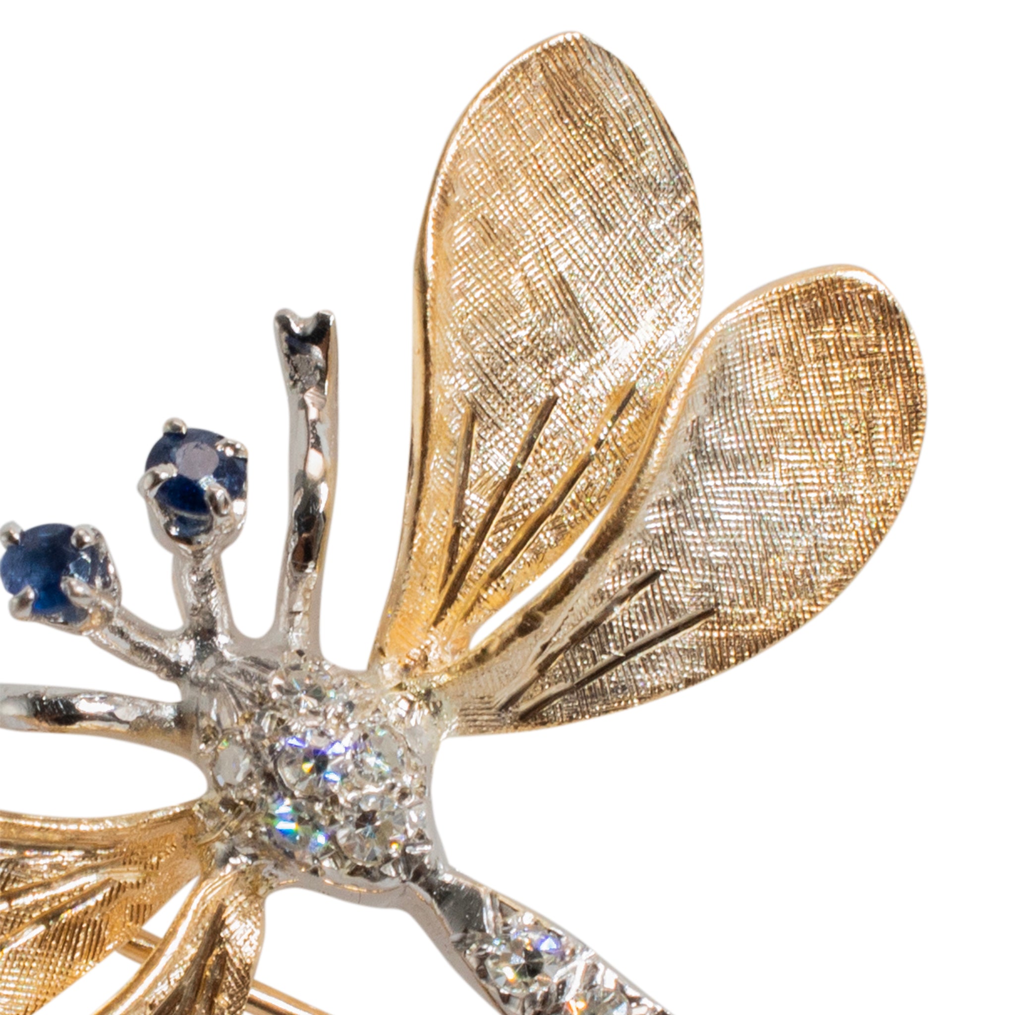 Vintage 14K Yellow and White Gold Sapphire and Diamond Dragonfly Brooch