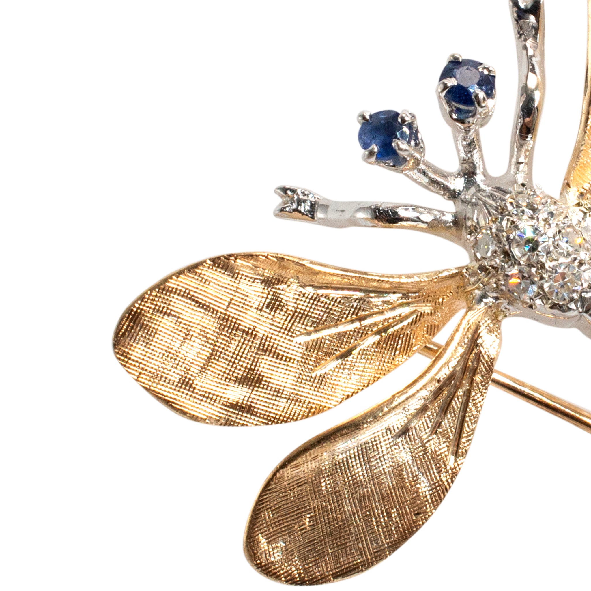 Vintage 14K Yellow and White Gold Sapphire and Diamond Dragonfly Brooch