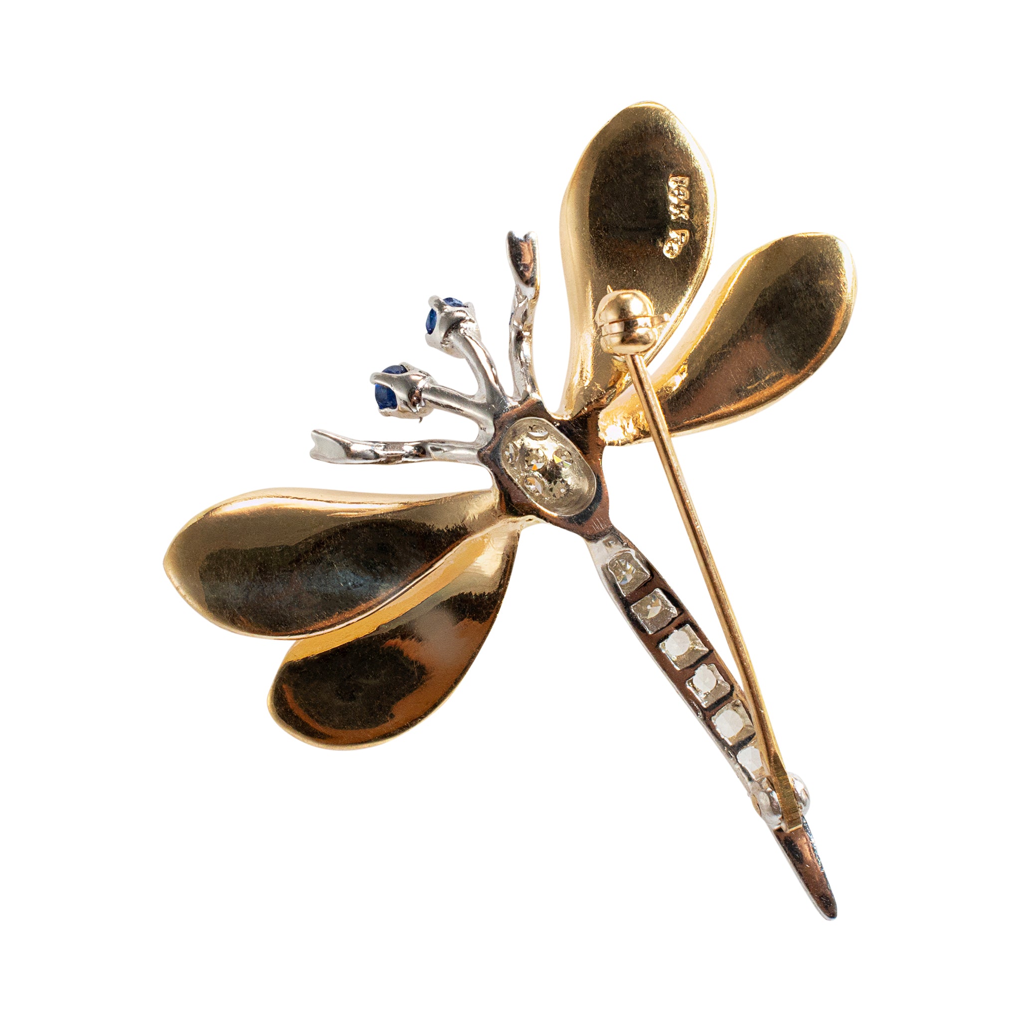 Vintage 14K Yellow and White Gold Sapphire and Diamond Dragonfly Brooch