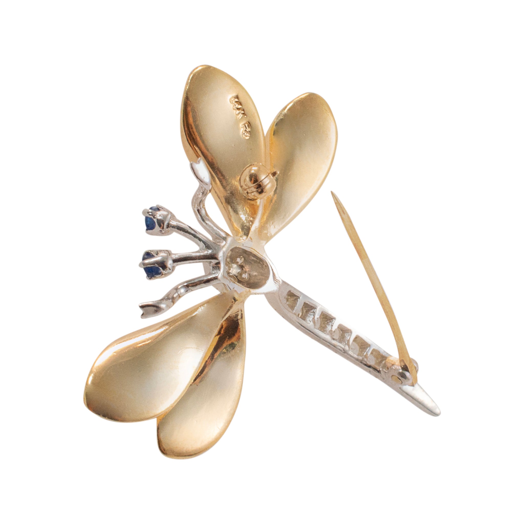 Vintage 14K Yellow and White Gold Sapphire and Diamond Dragonfly Brooch