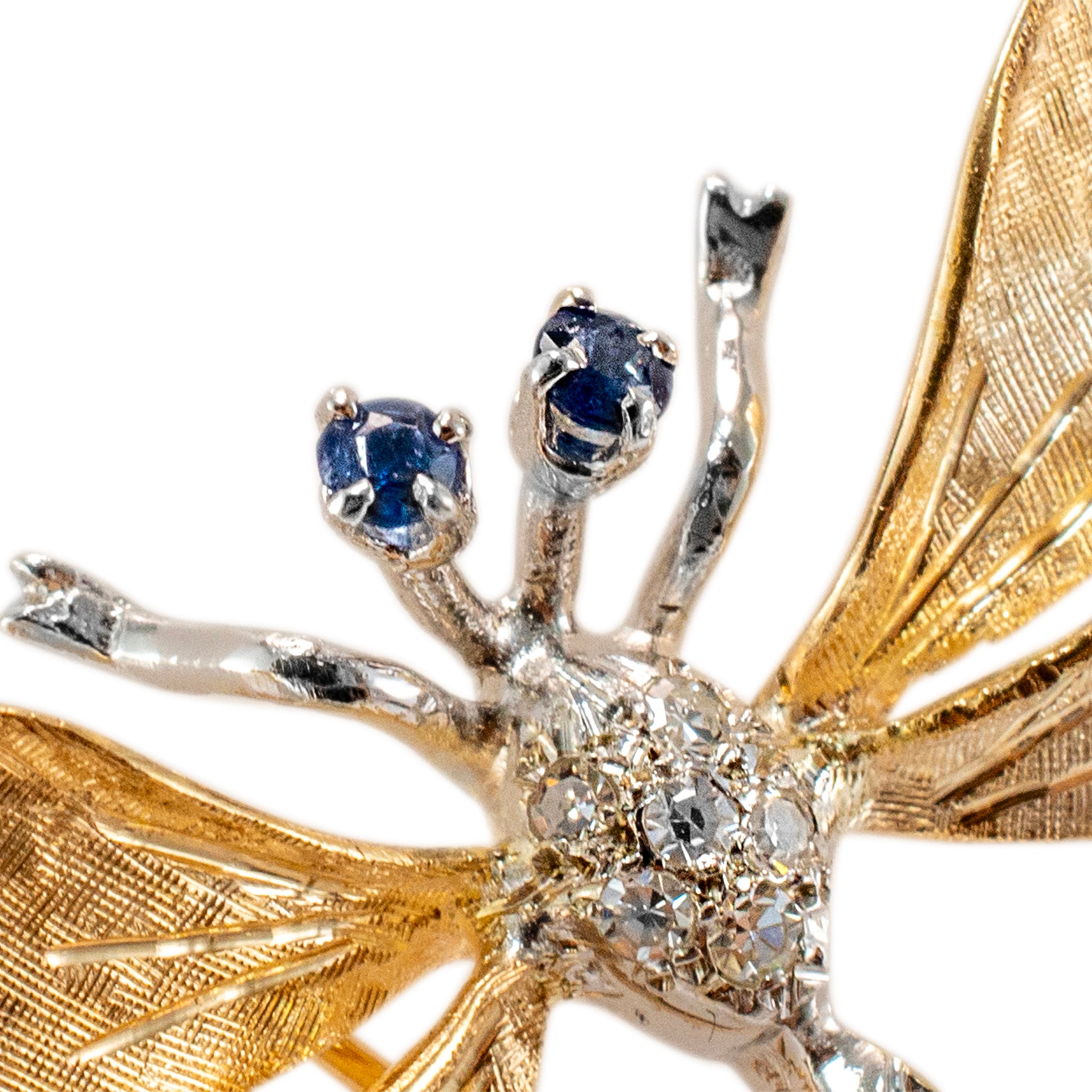 Vintage 14K Yellow and White Gold Sapphire and Diamond Dragonfly Brooch