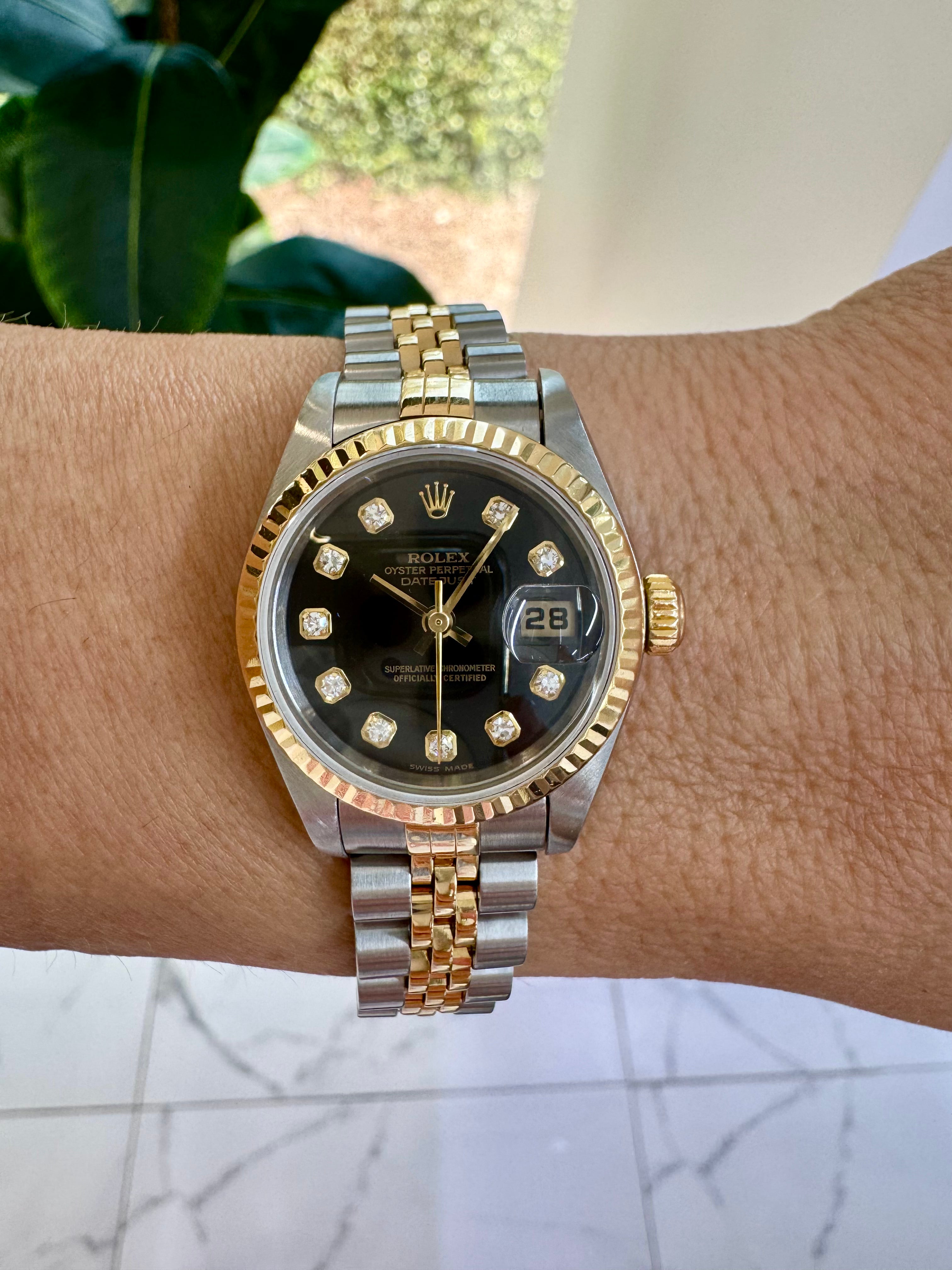 2003 Rolex Lady Datejust 26MM 79173 Black Diamond Jubilee Gold Steel Watch