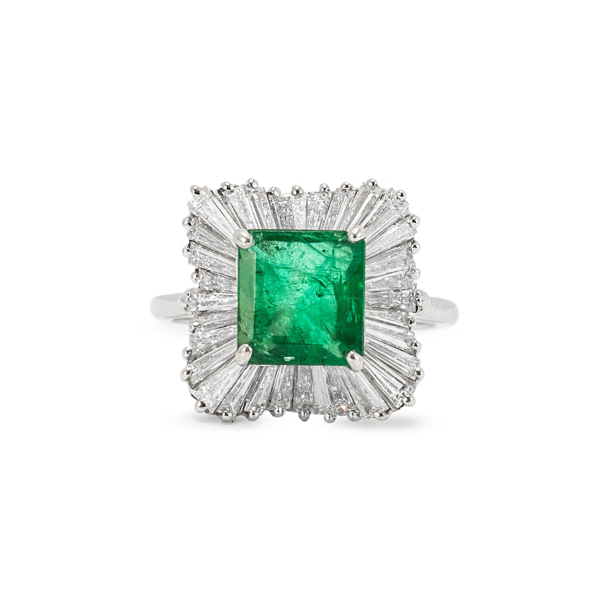 14K White Gold GIA 3.79 Ctw Emerald Baguette Diamond Ballerina Cocktail Ring