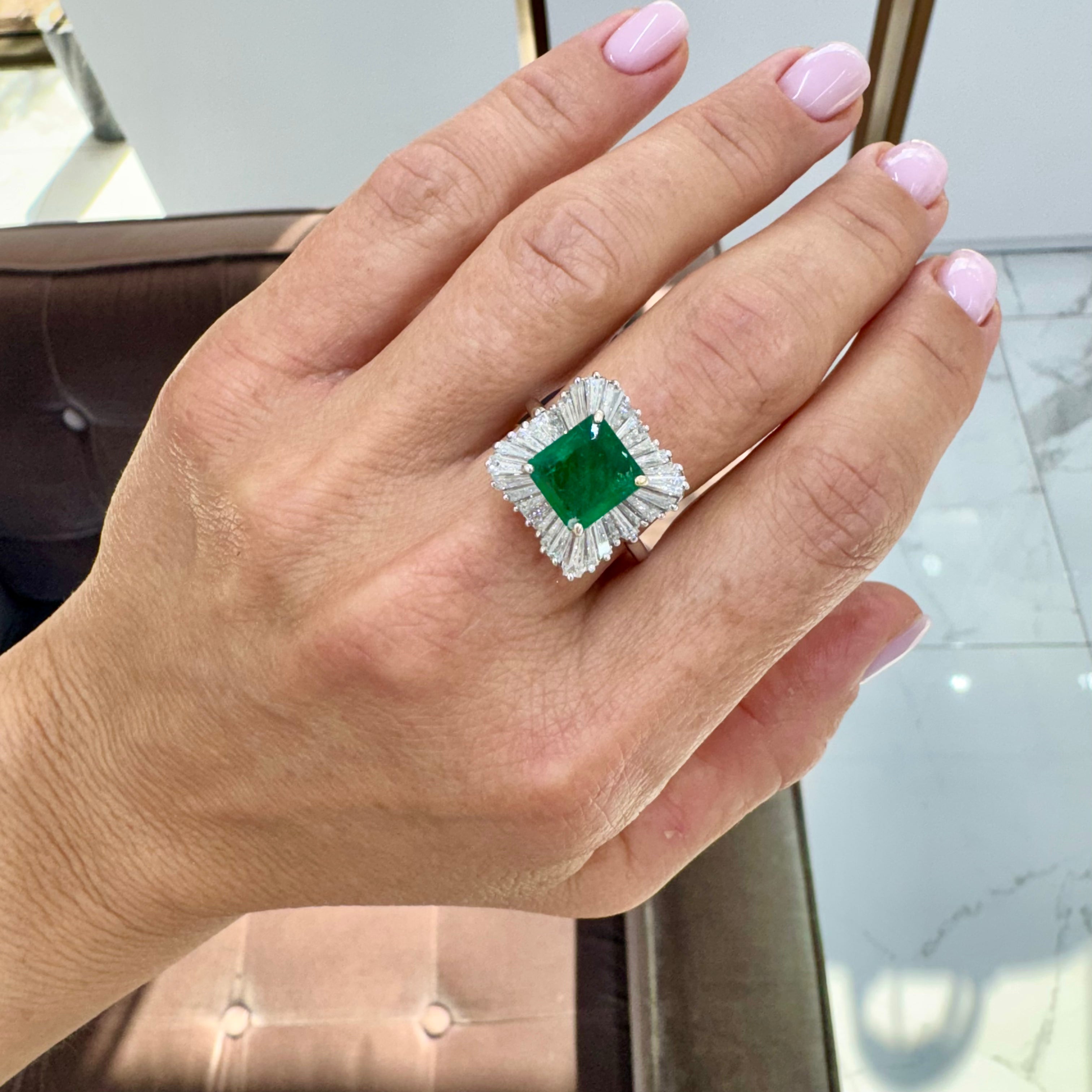14K White Gold GIA 3.79 Ctw Emerald Baguette Diamond Ballerina Cocktail Ring