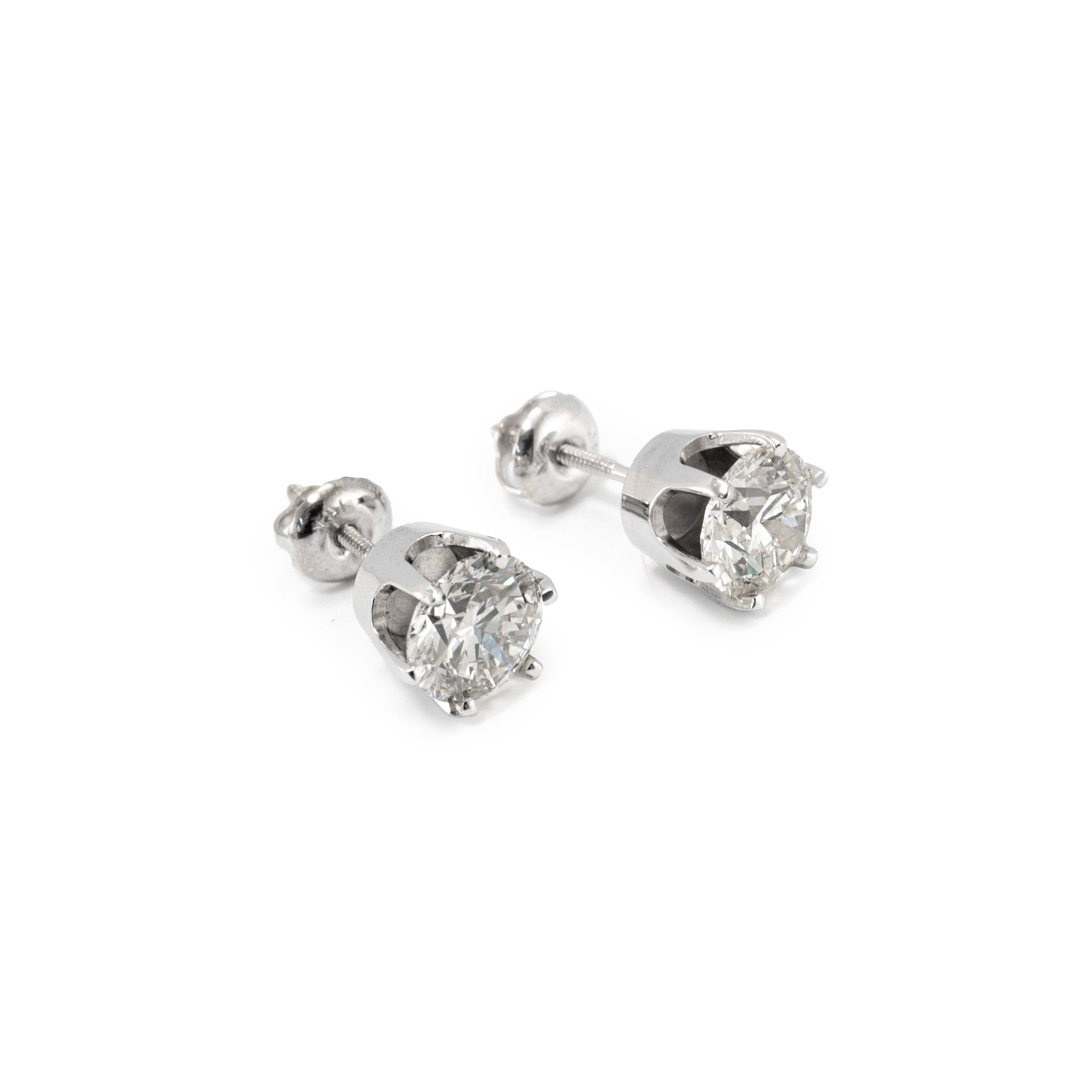 14K White Gold 6 Prong Screw Back 2.60 CT Round Diamond Stud Earrings