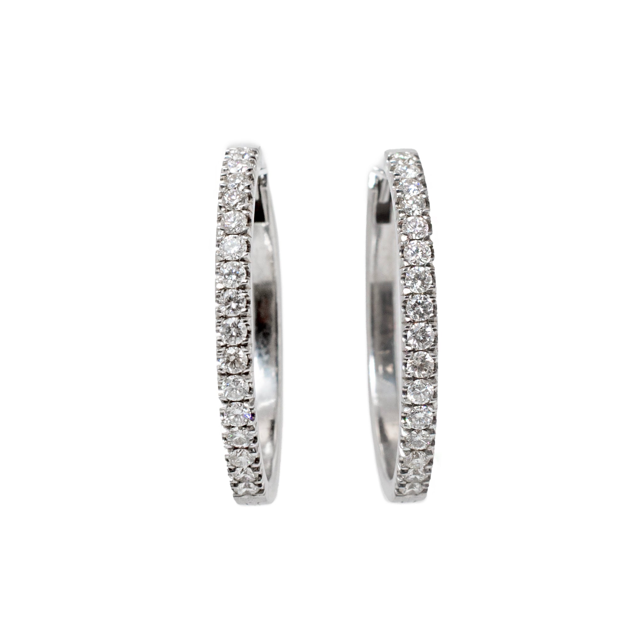 Ladies 14K White Gold Half Eternity 1.22ct Pave Diamond Hoop Earrings