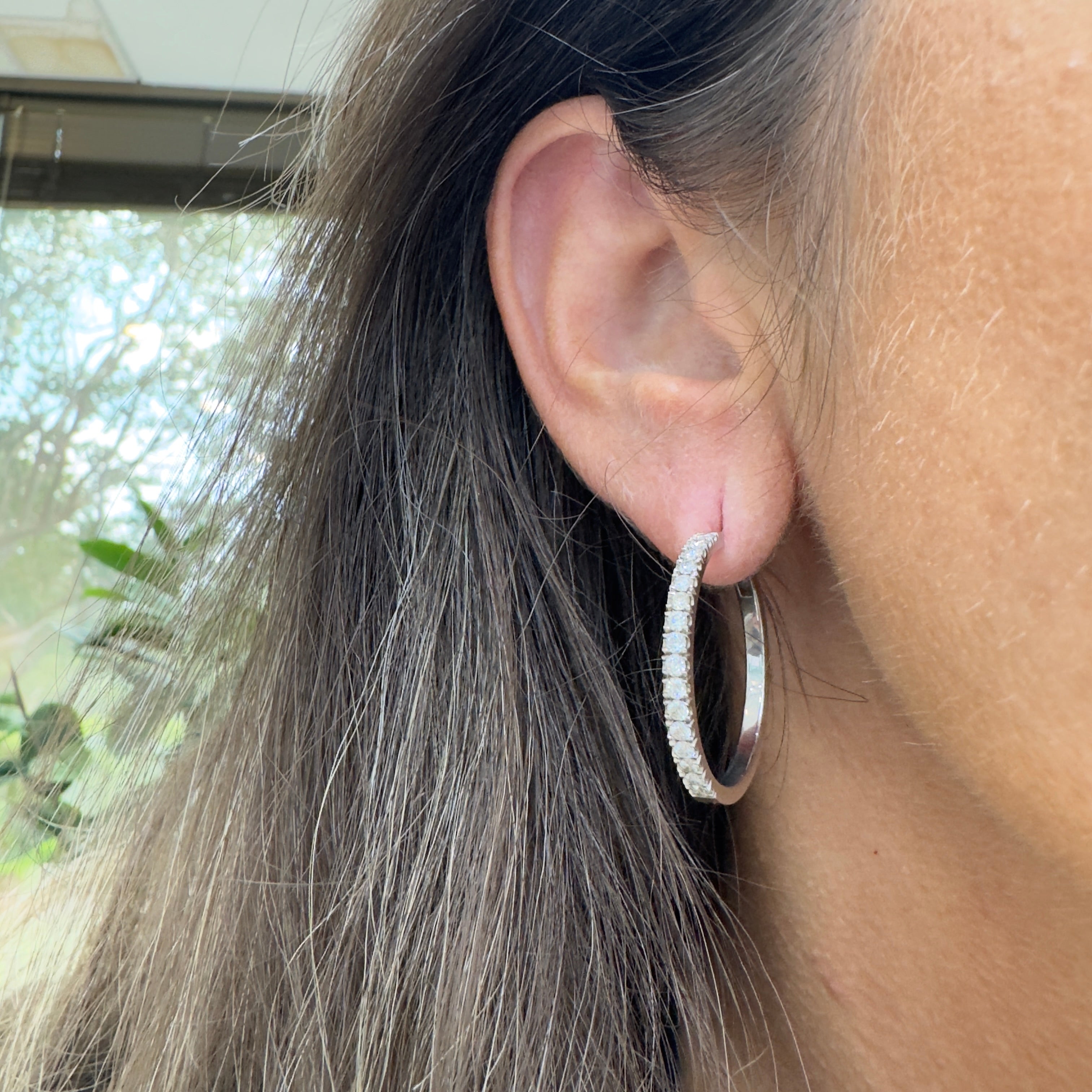 Ladies 14K White Gold Half Eternity 1.22ct Pave Diamond Hoop Earrings