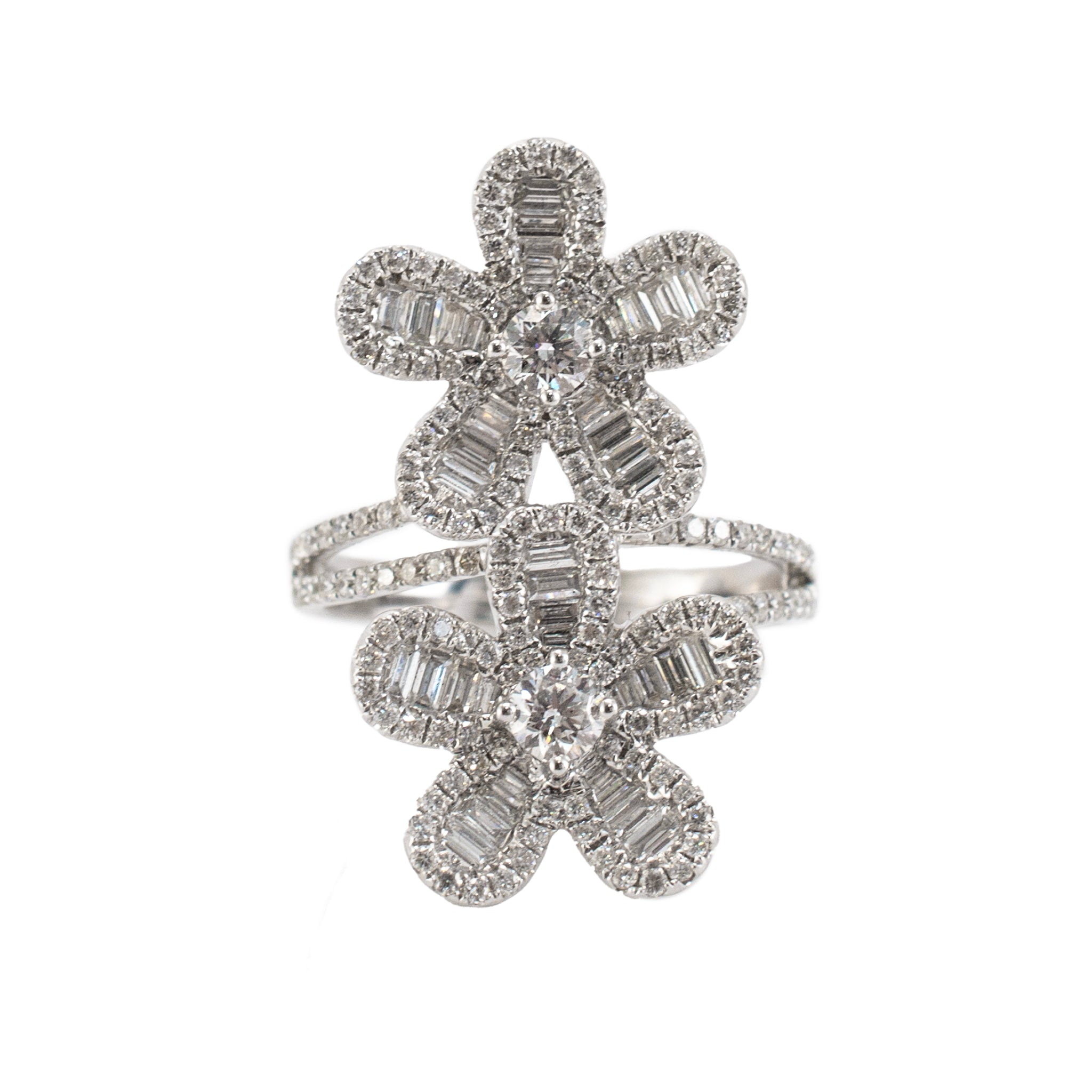 Ladies 18K White Gold 1.67ct Double Flower Baguettes Rounds Floral Cocktail Ring