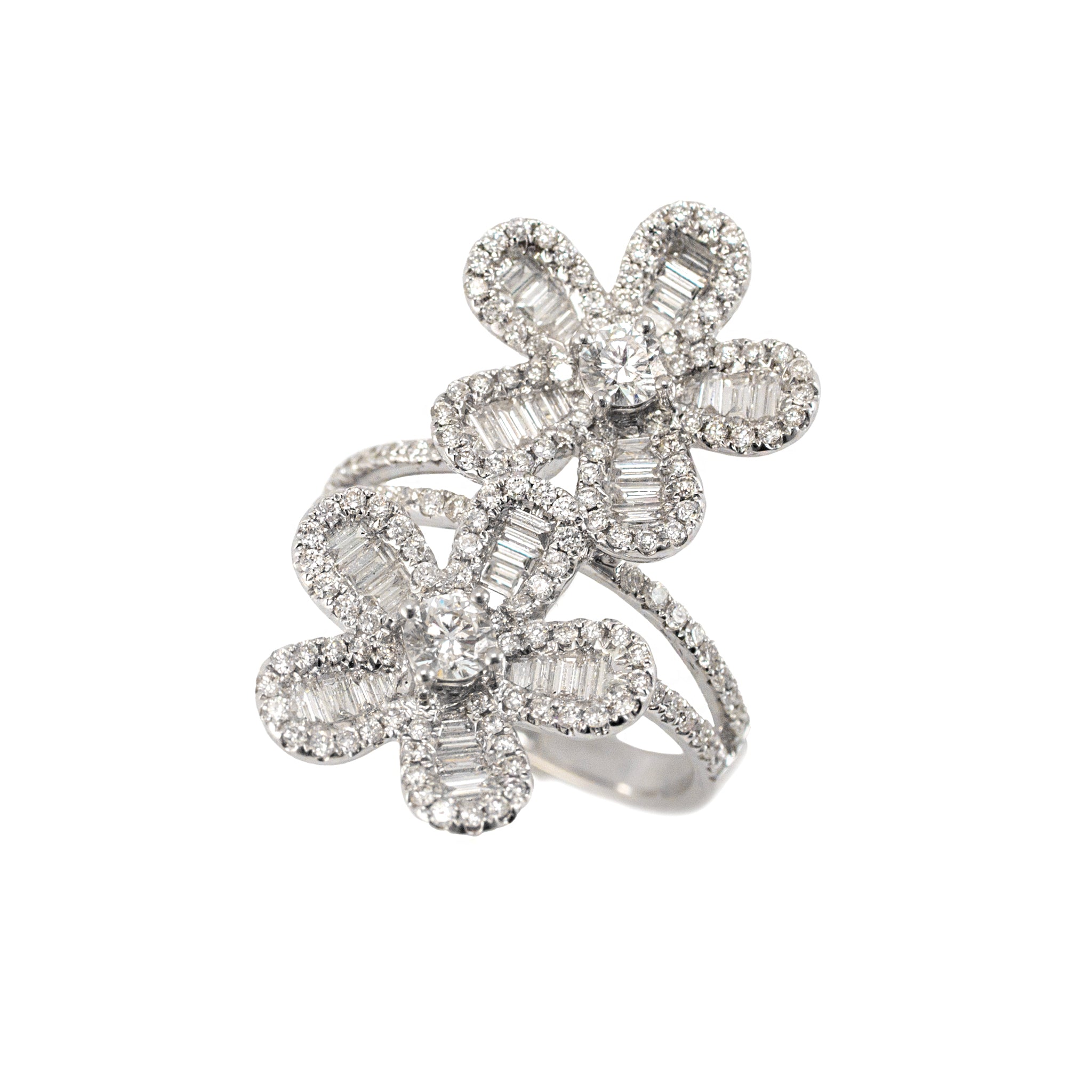 Ladies 18K White Gold 1.67ct Double Flower Baguettes Rounds Floral Cocktail Ring