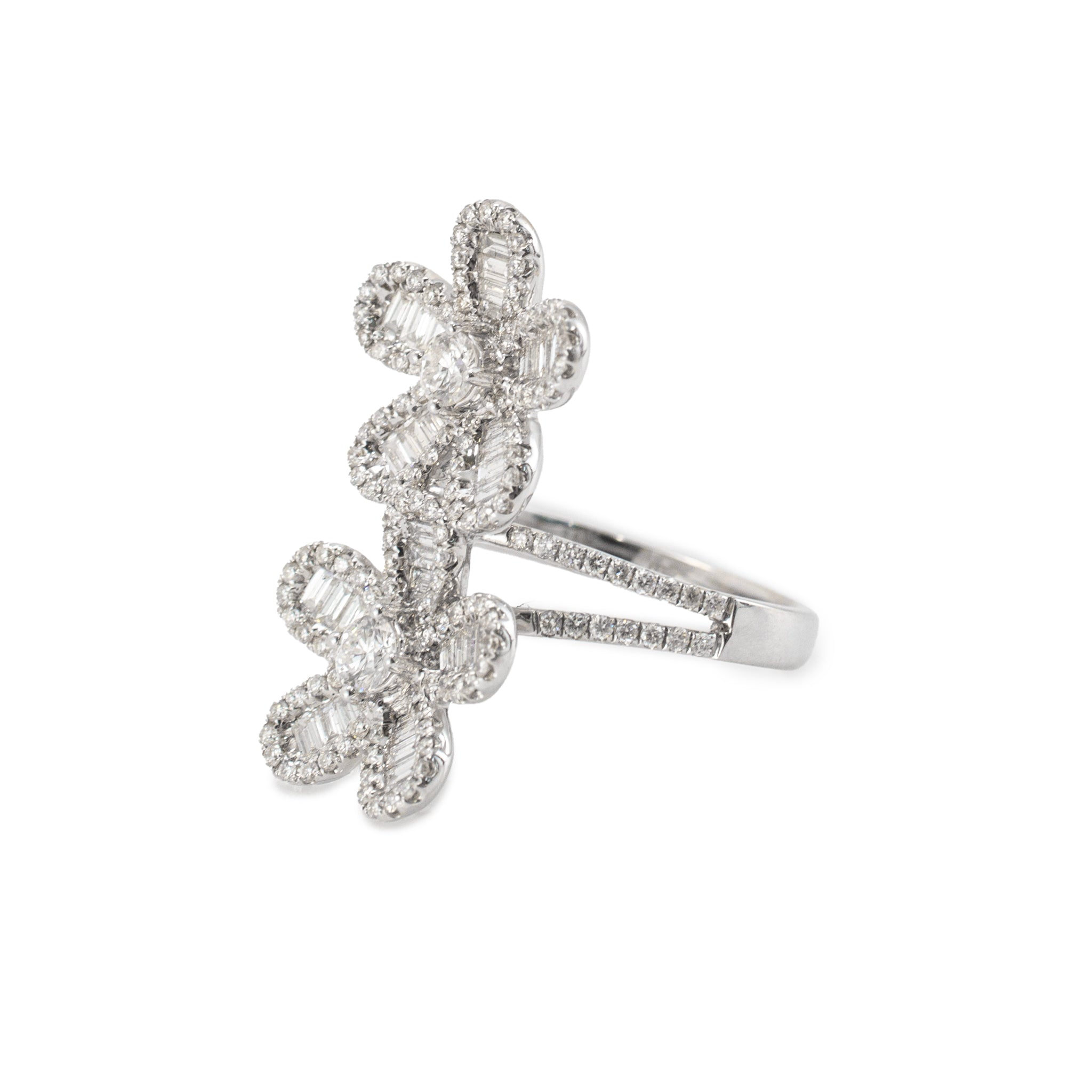 Ladies 18K White Gold 1.67ct Double Flower Baguettes Rounds Floral Cocktail Ring
