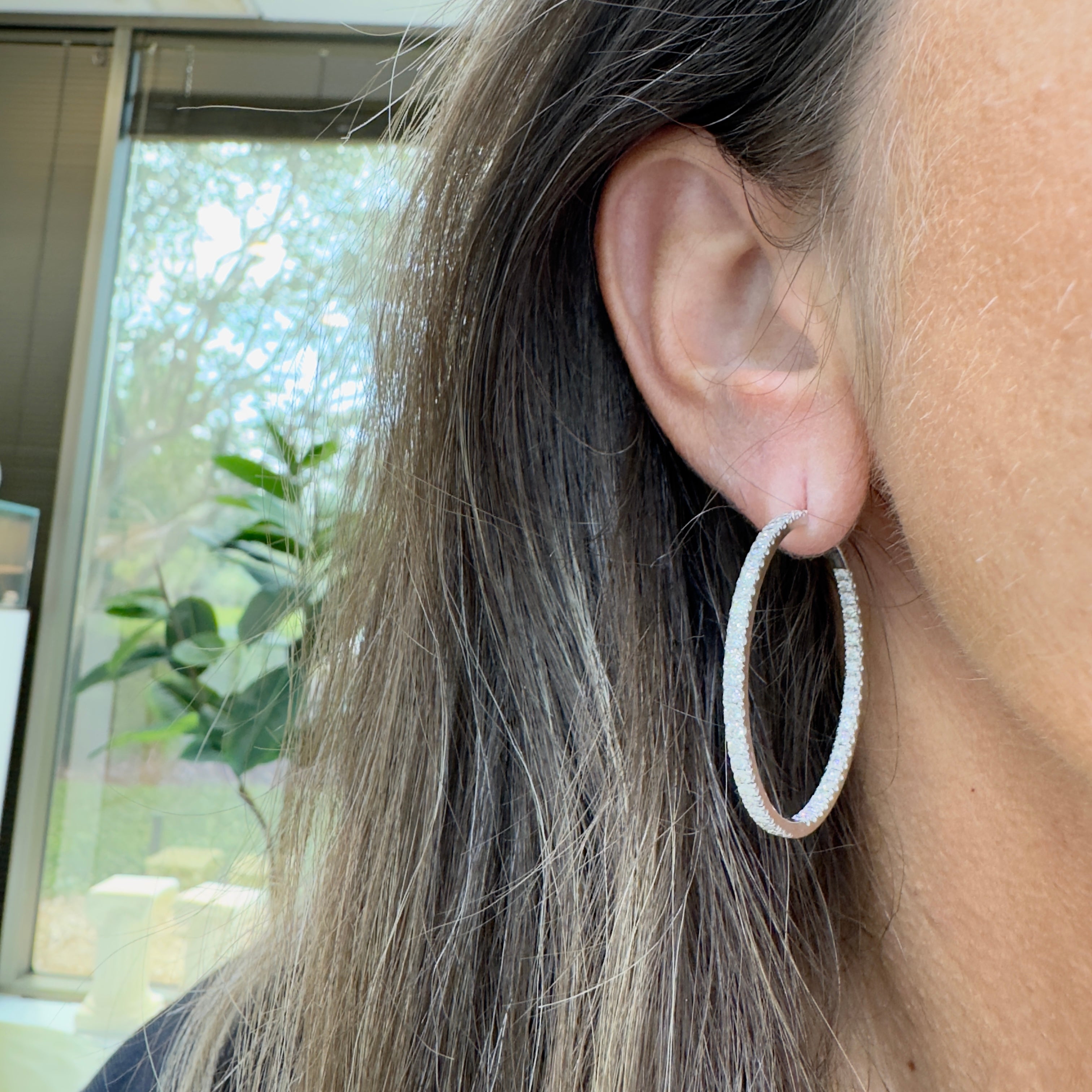 Ladies 14K White Gold Inside Out 3.23ct Pave Diamond Hoop Earrings