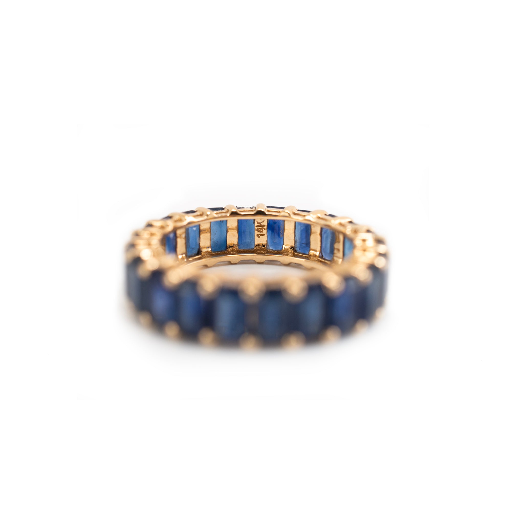 Lady 14K Yellow Gold 9.34ct Emerald Cut Blue Sapphire Full Eternity Band Ring