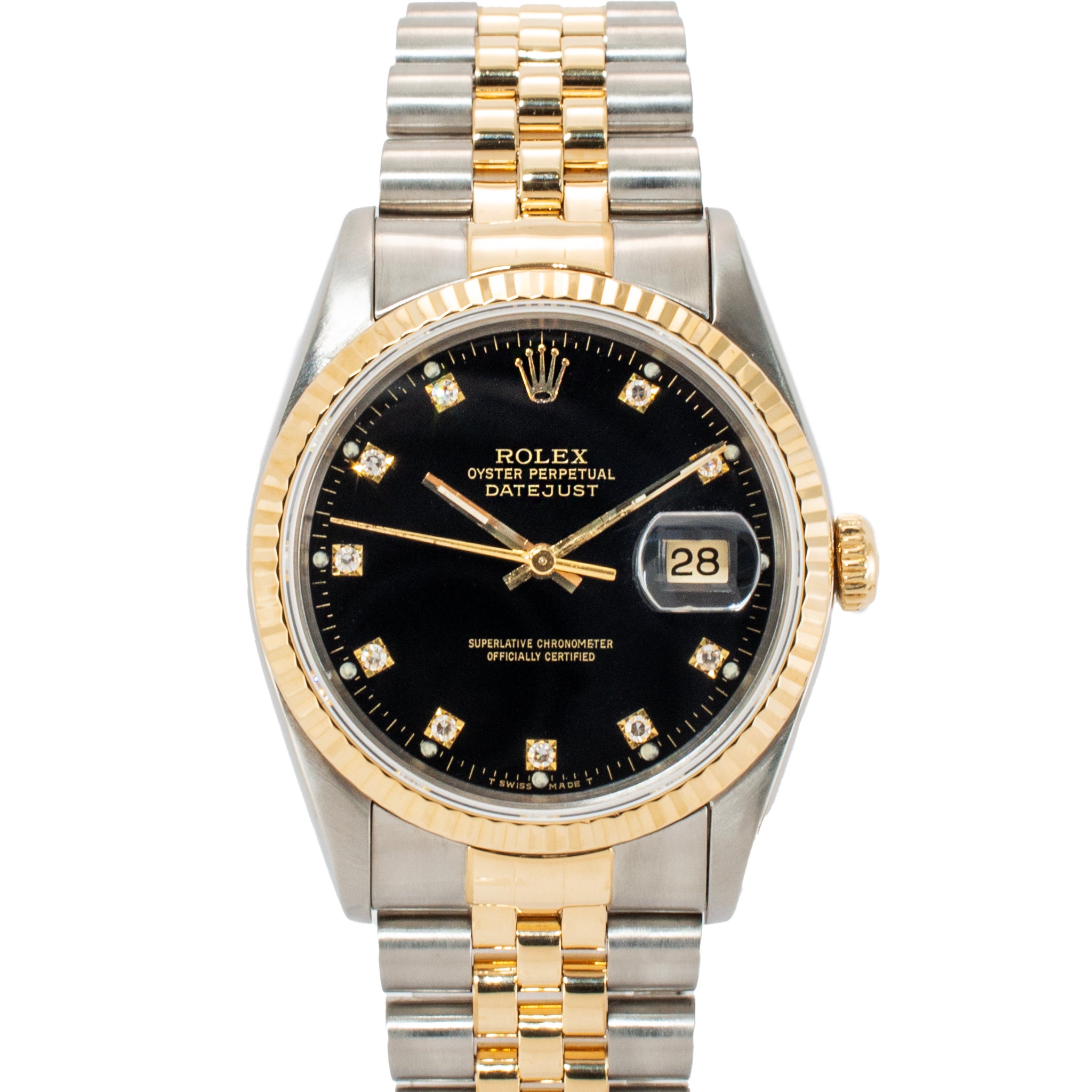 1993 Rolex Datejust 36MM 16233 Black Jubilee Two Tone Yellow Gold Steel Watch