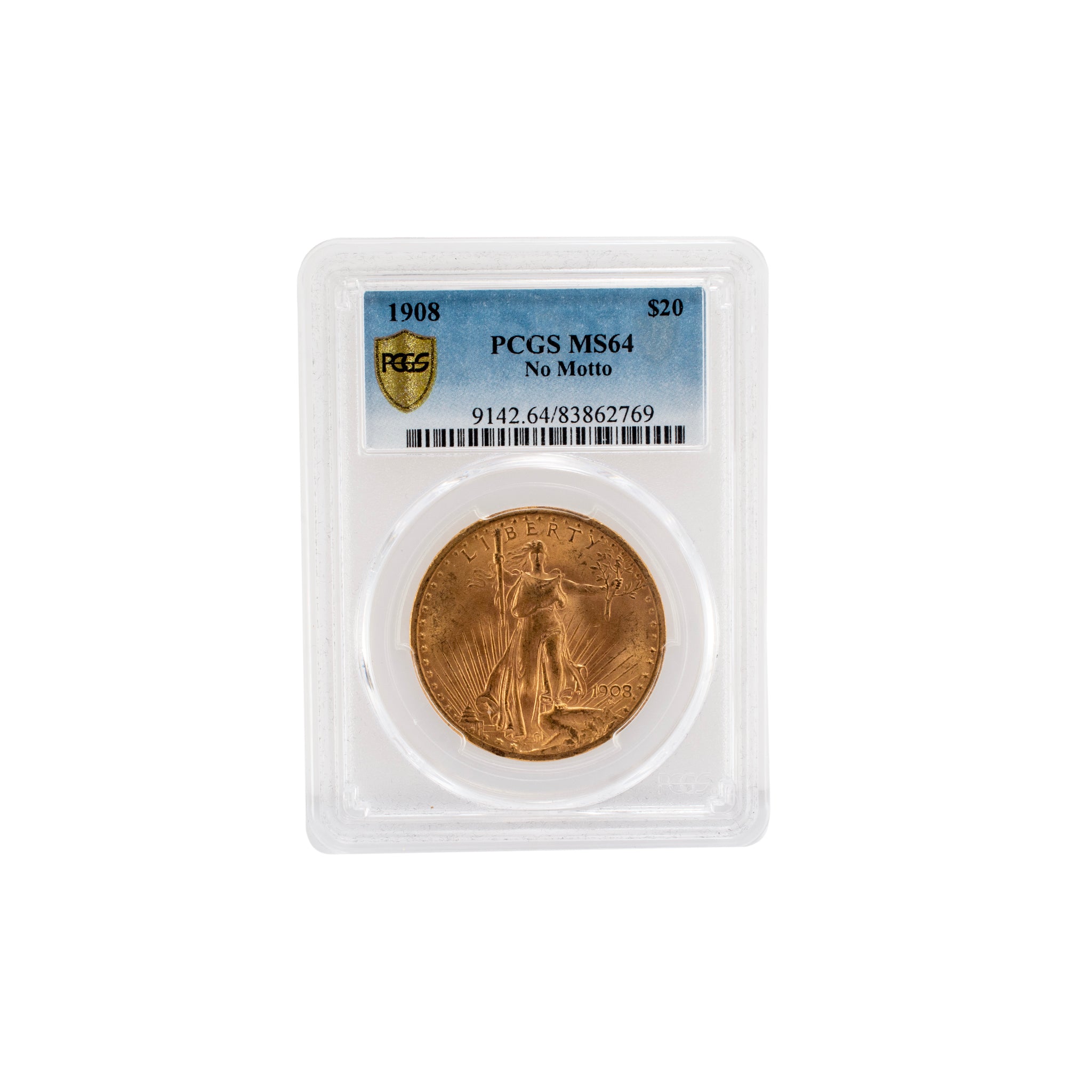 1908 No Motto MS64 PCGS $20 90% Gold St Gaudens Double Eagle Coin