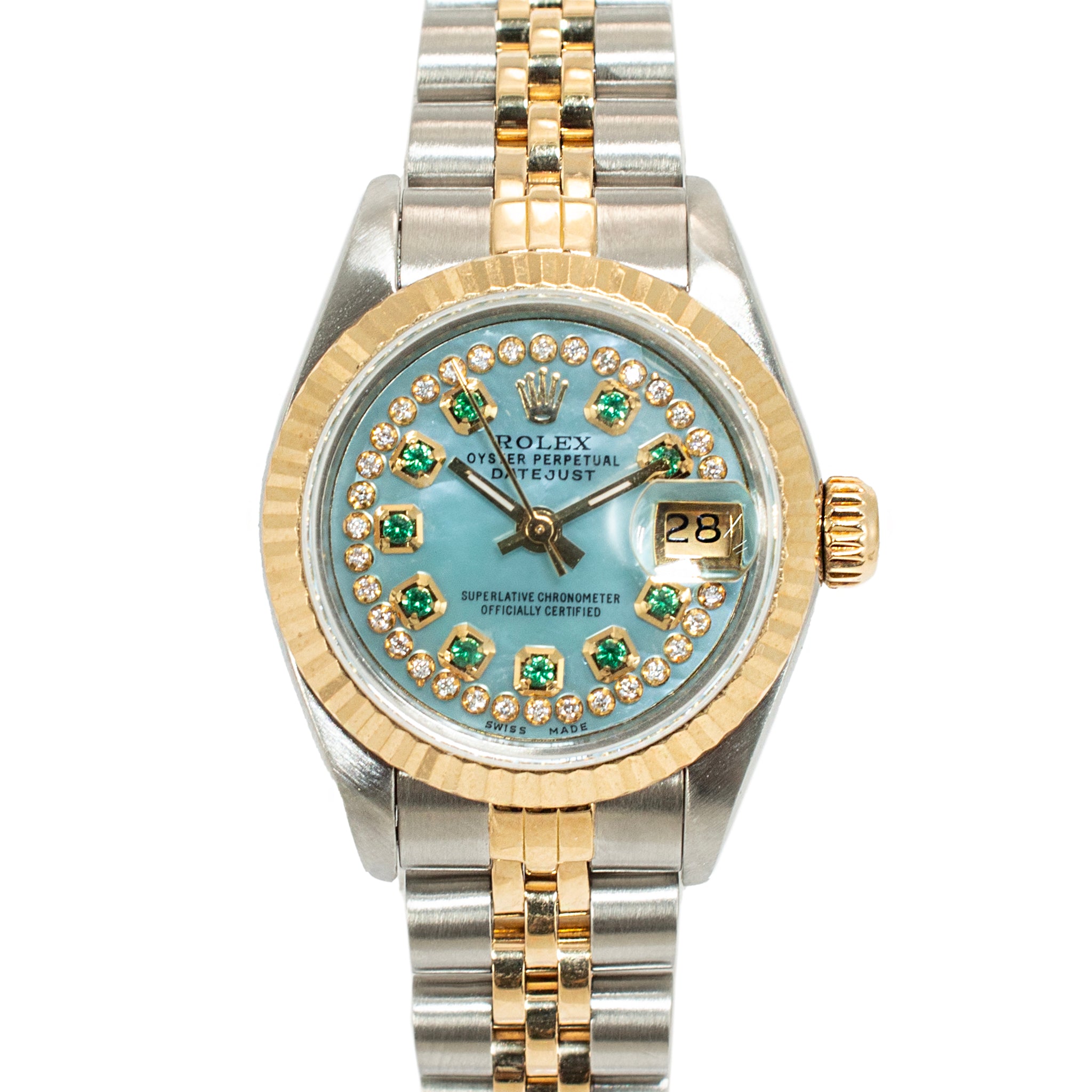 Ladies Rolex Datejust 26MM 69173 Mop Emerlad Diamond Jubilee Gold Steel Watch